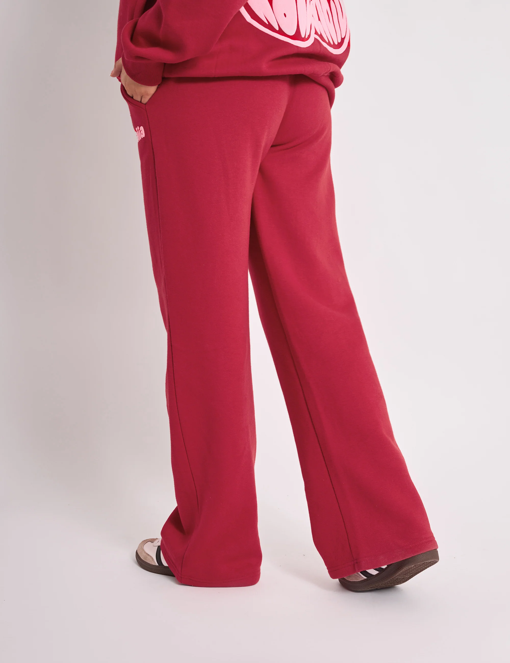 Kaiia Ribbed Waistband Wide Leg Joggers Red & Pink - Image 3
