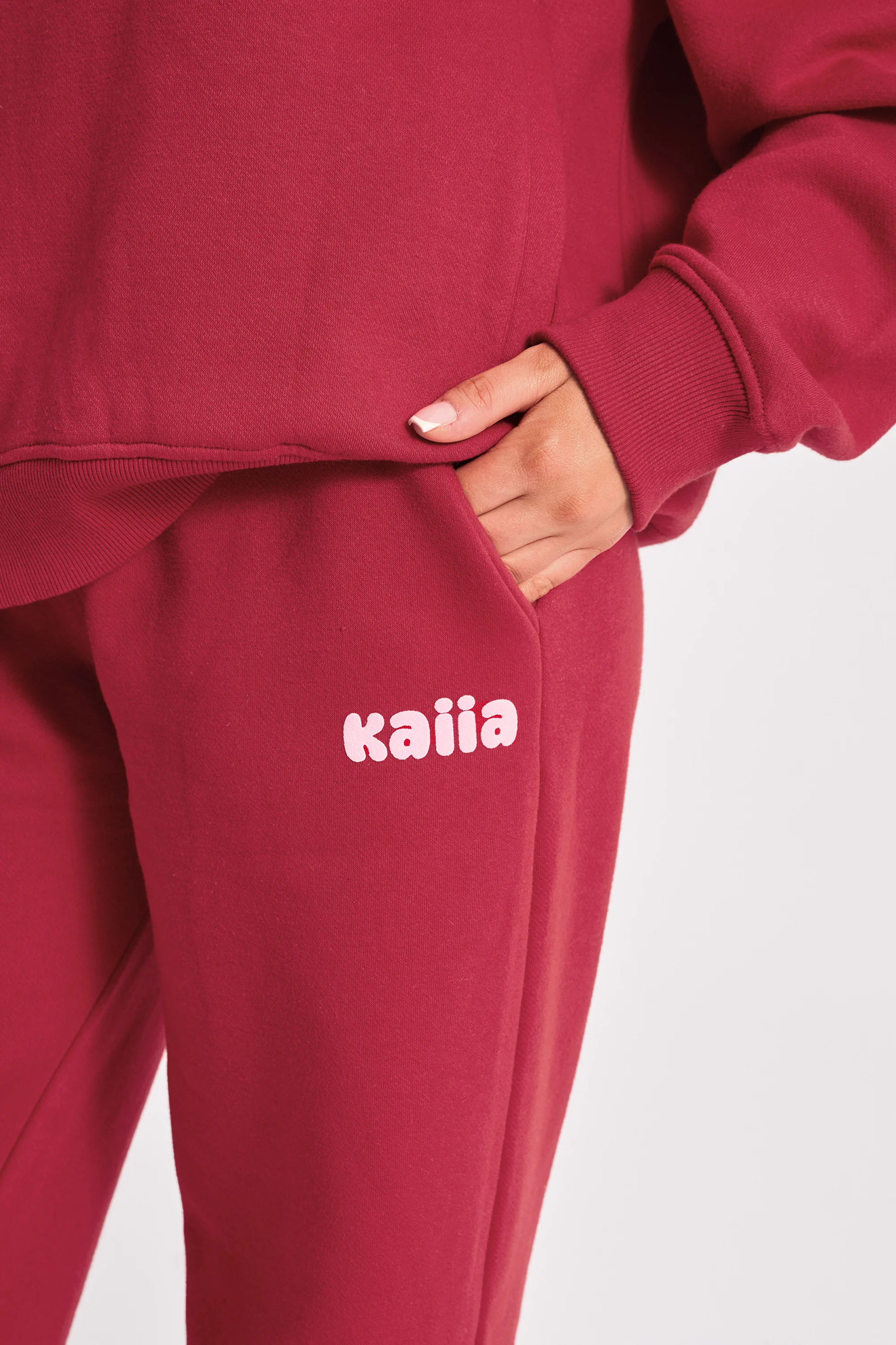 Kaiia Ribbed Waistband Wide Leg Joggers Red & Pink - Image 4