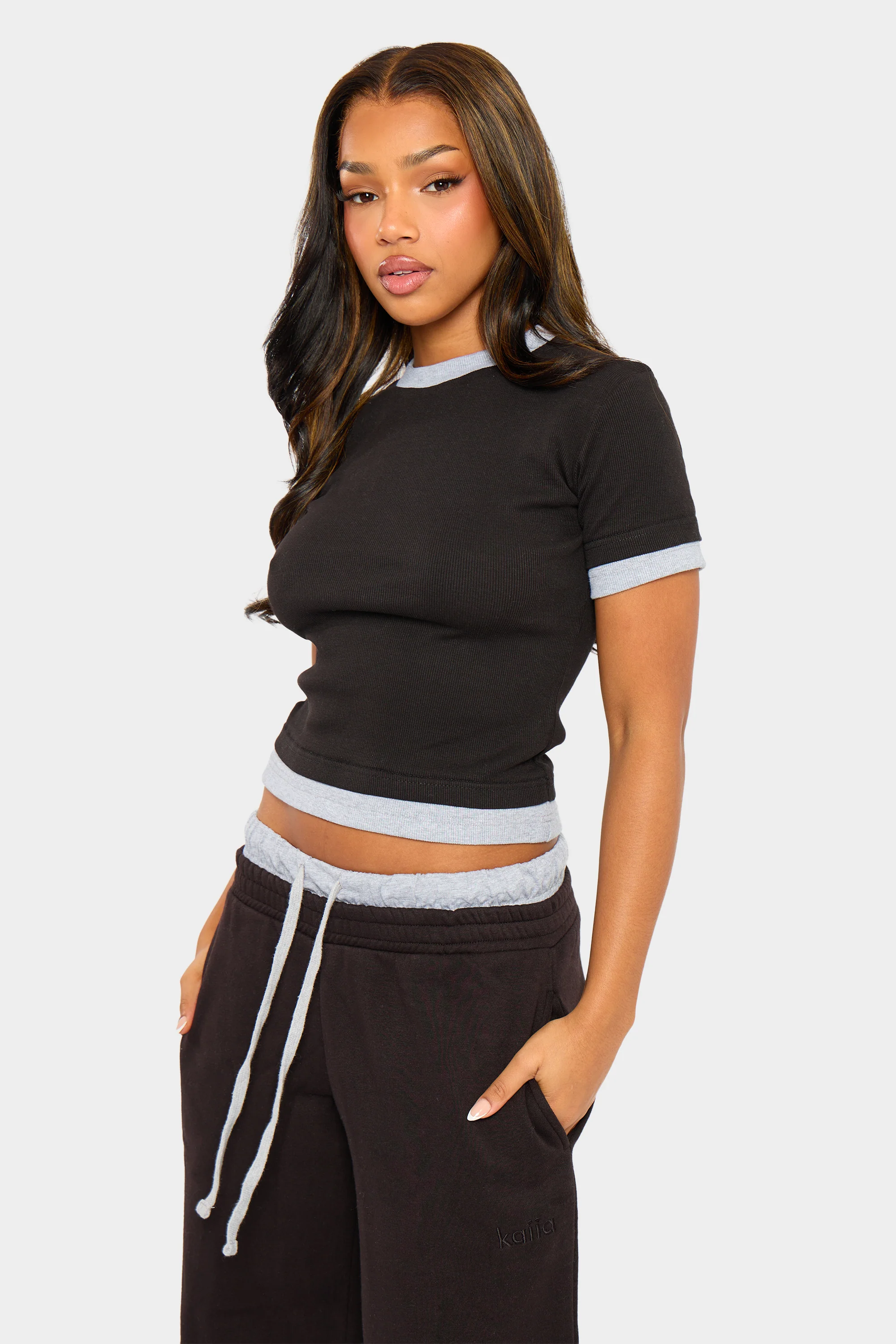 Kaiia Ribbed Double Layered Baby Tee Black & Grey Marl