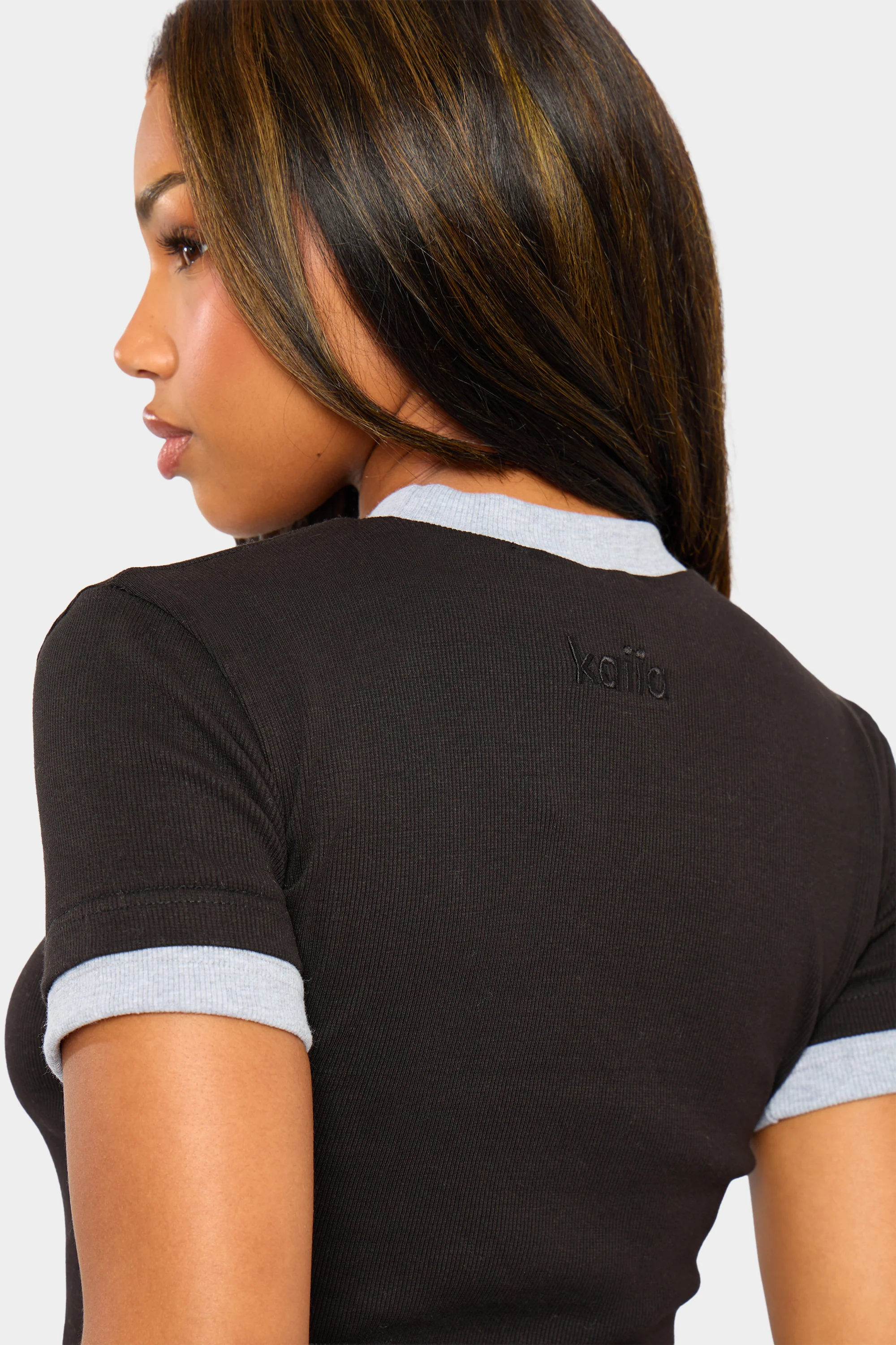 Kaiia Ribbed Double Layered Baby Tee Black & Grey Marl - Image 2