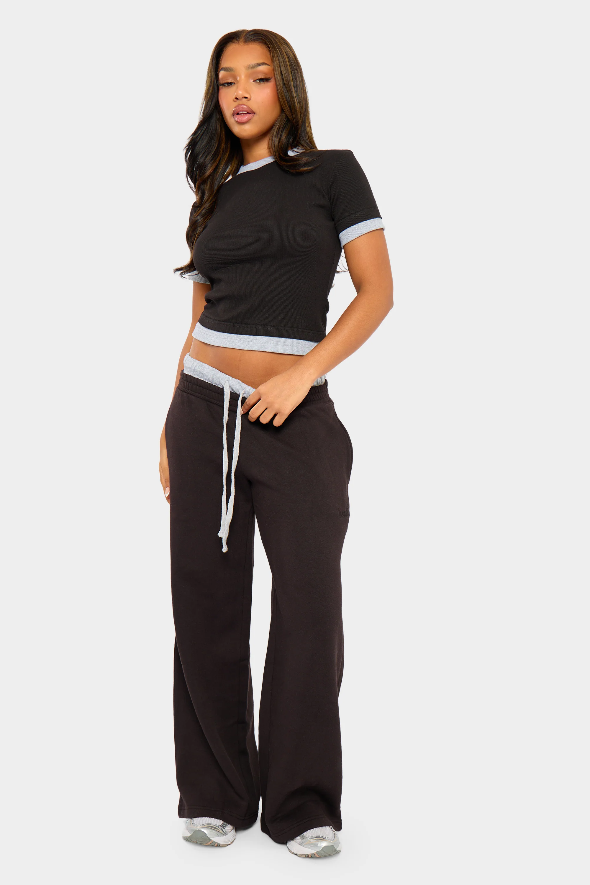 Kaiia Ribbed Double Layered Baby Tee Black & Grey Marl - Image 3