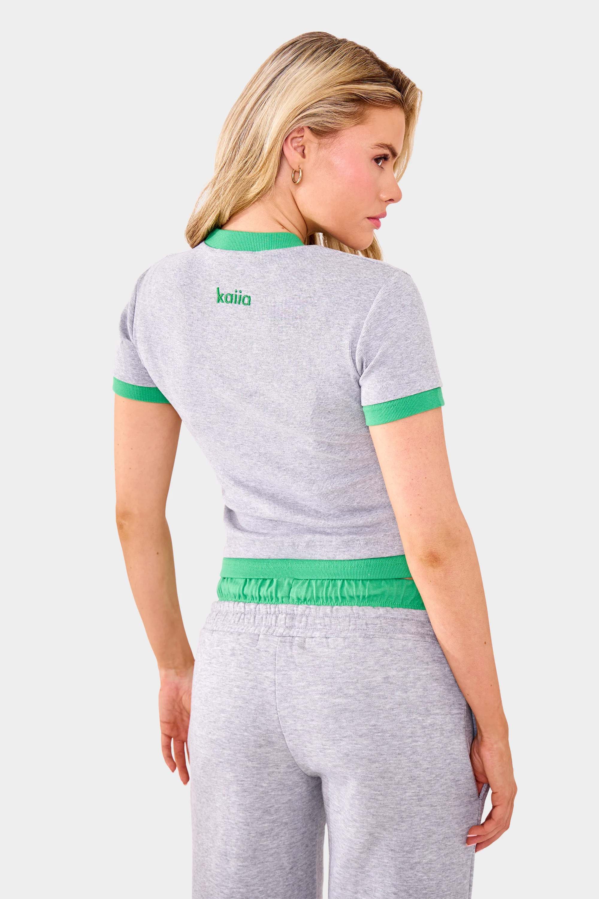 Kaiia Ribbed Double Layered Baby Tee Grey Marl & Green - Image 2