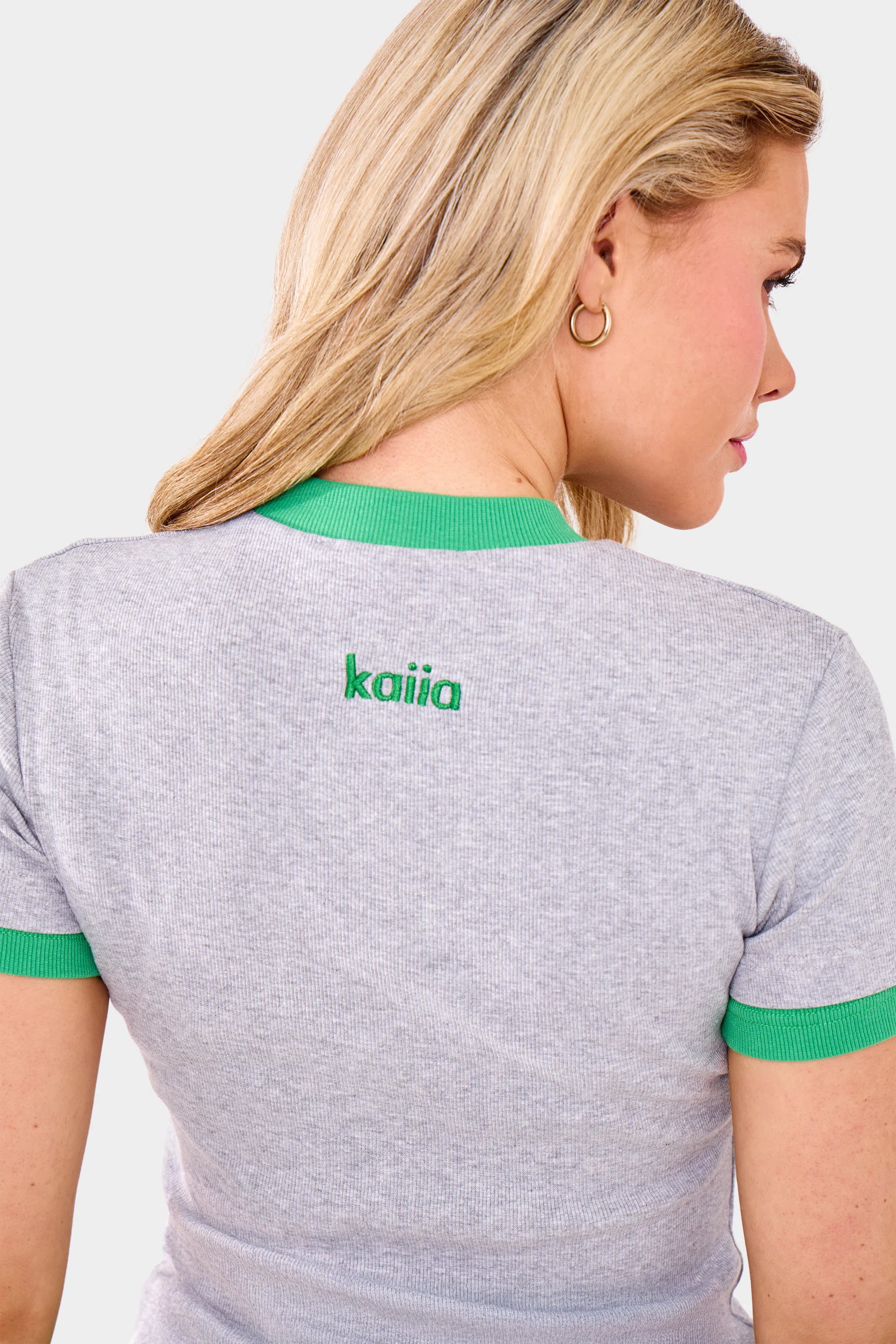 Kaiia Ribbed Double Layered Baby Tee Grey Marl & Green - Image 4