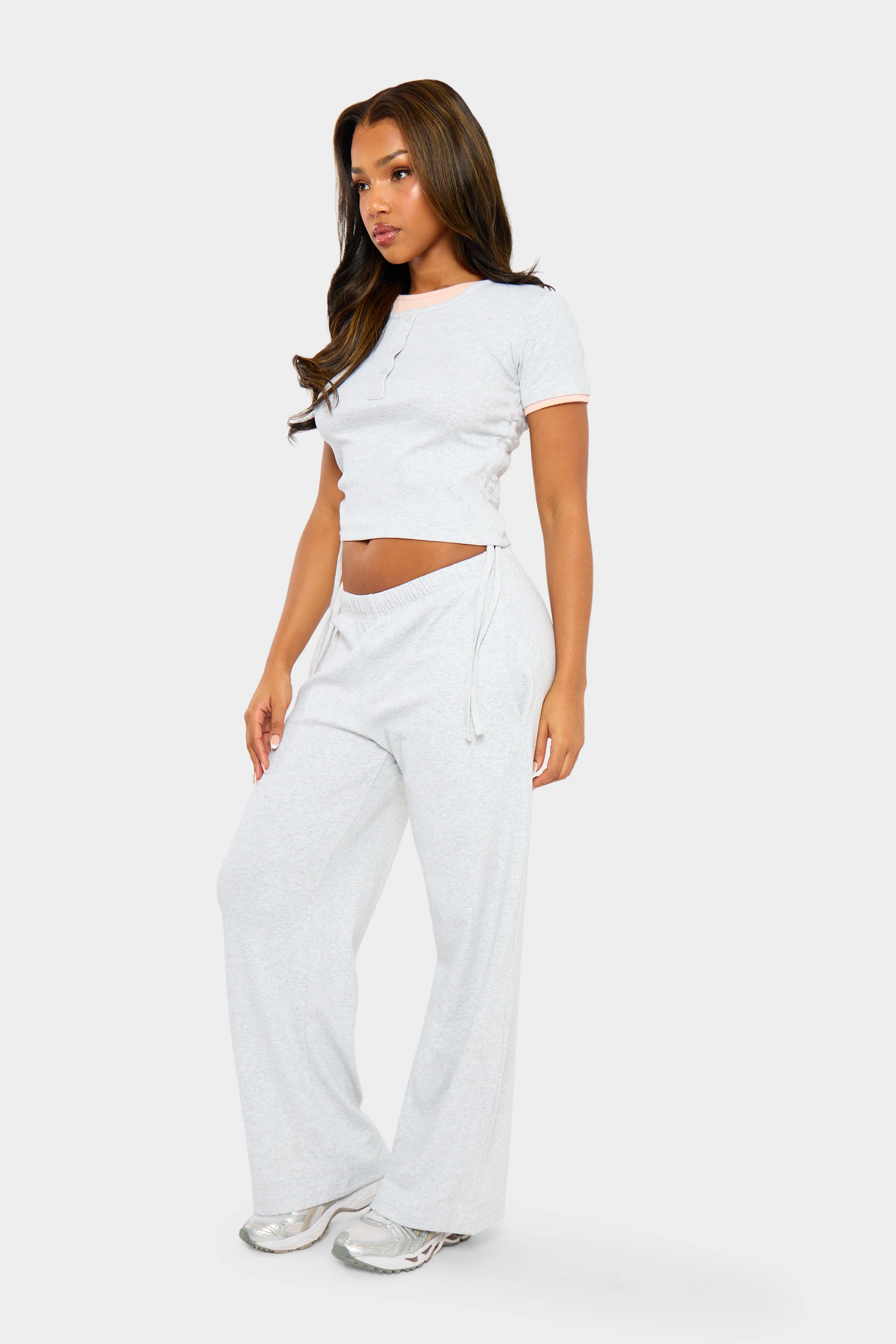 Kaiia Ribbed Double Layered Ruched Top Light Grey Marl & Pink - Image 3