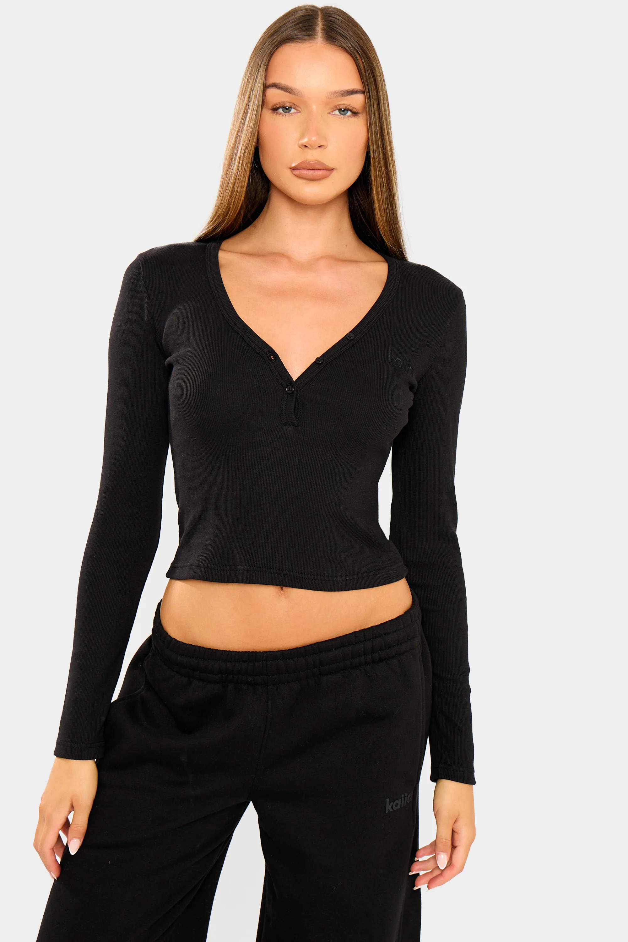 Kaiia Ribbed Henley Long Sleeve Baby Tee Black - Image 5