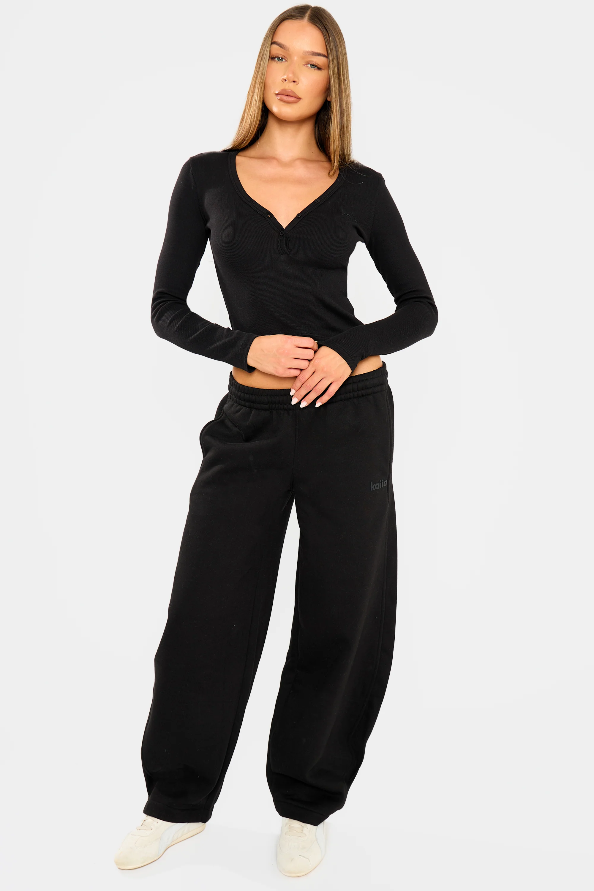 Kaiia Ribbed Henley Long Sleeve Baby Tee Black - Image 7