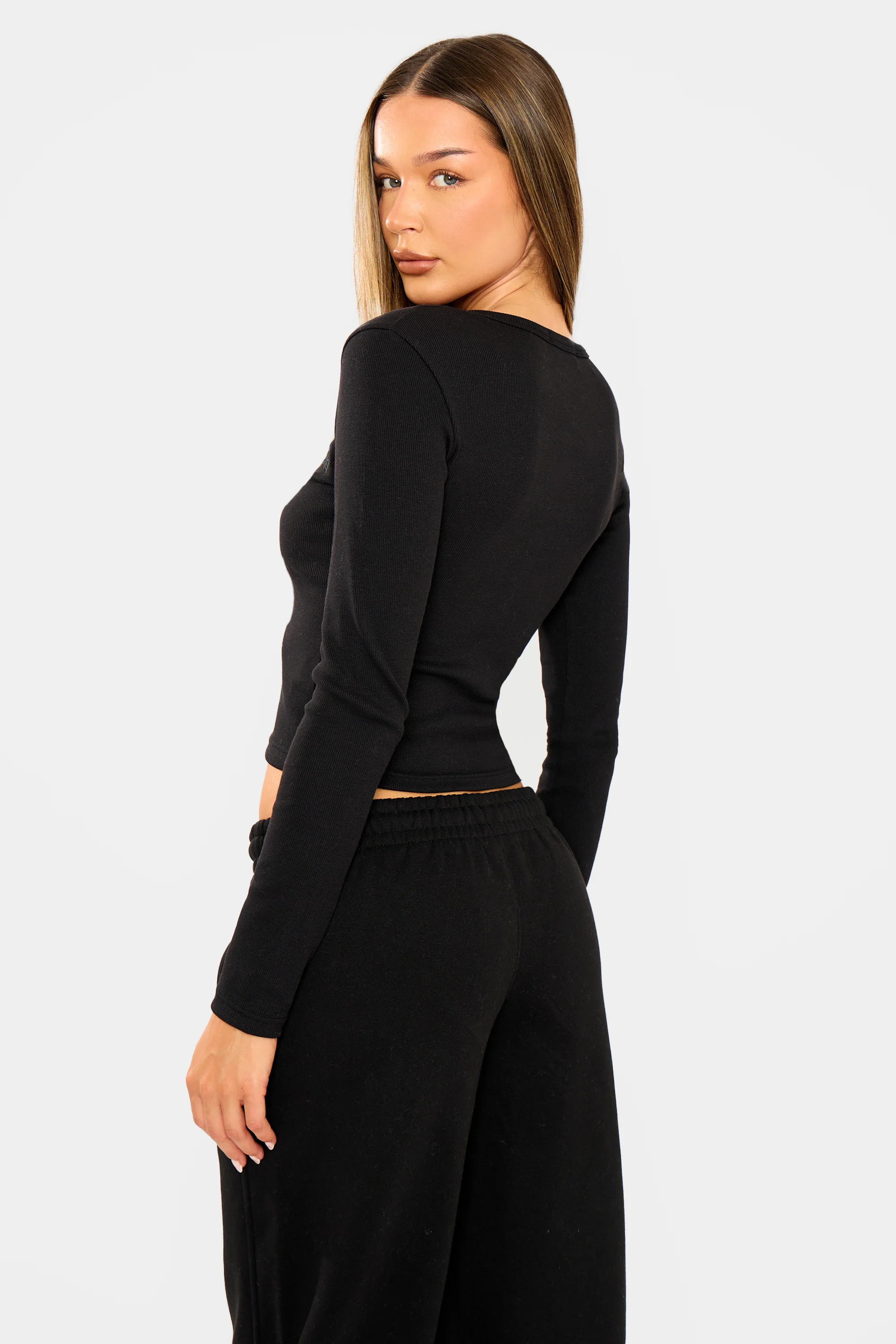 Kaiia Ribbed Henley Long Sleeve Baby Tee Black - Image 8