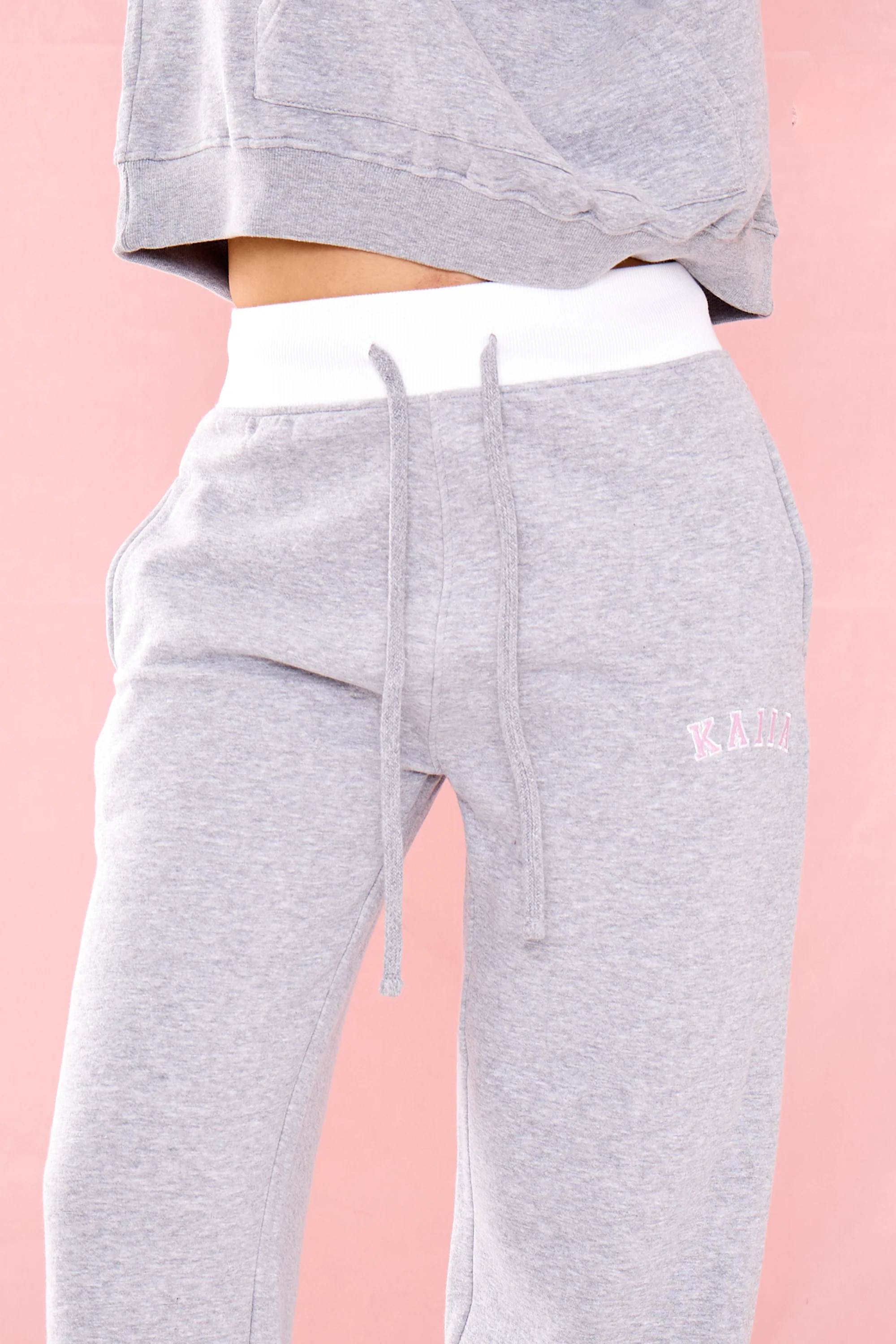 Kaiia Ribbed Waist Band High Waisted Joggers Grey Marl & Pink - Image 2