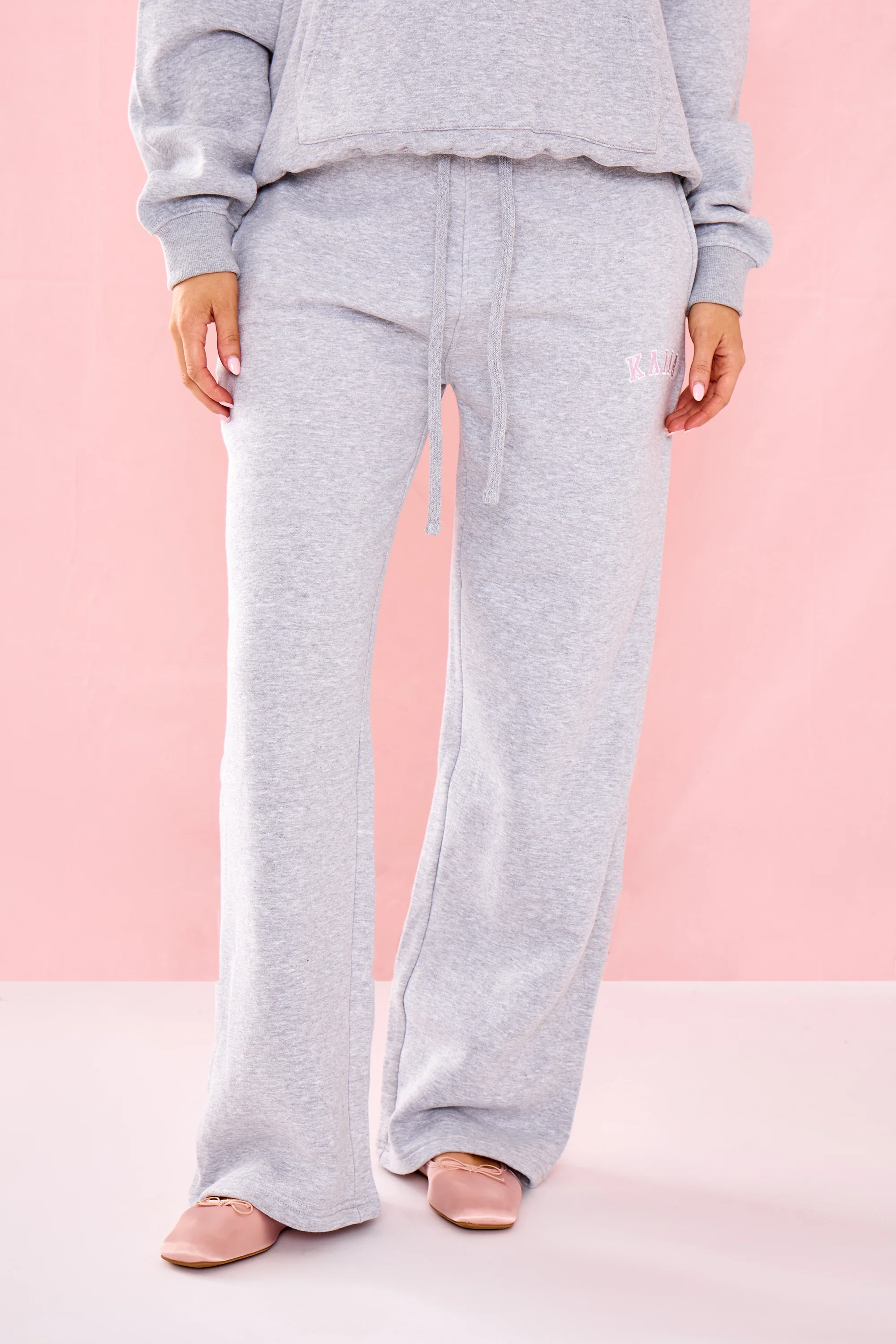 Kaiia Ribbed Waist Band High Waisted Joggers Grey Marl & Pink - Image 3