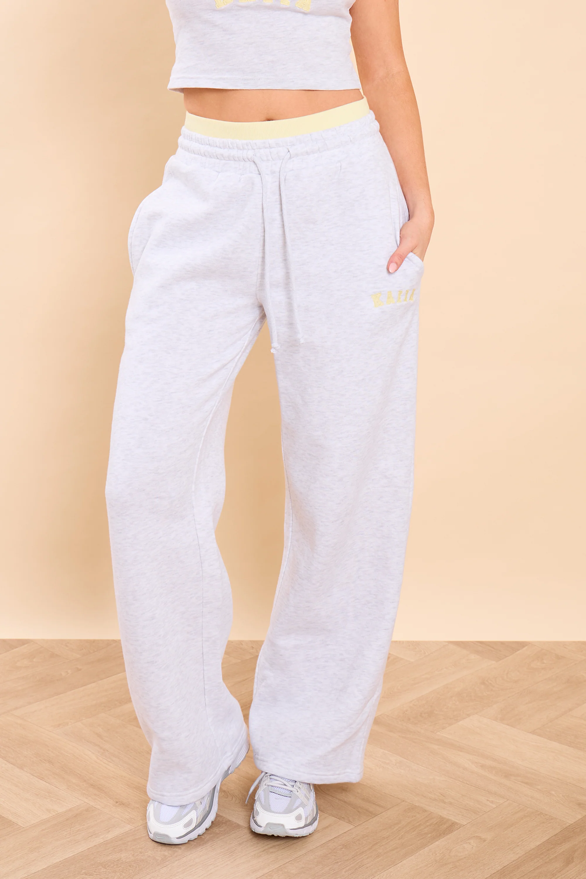 Kaiia Ribbed Waistband High Waisted Joggers Light Grey Marl & Vanilla Lemon - Image 2