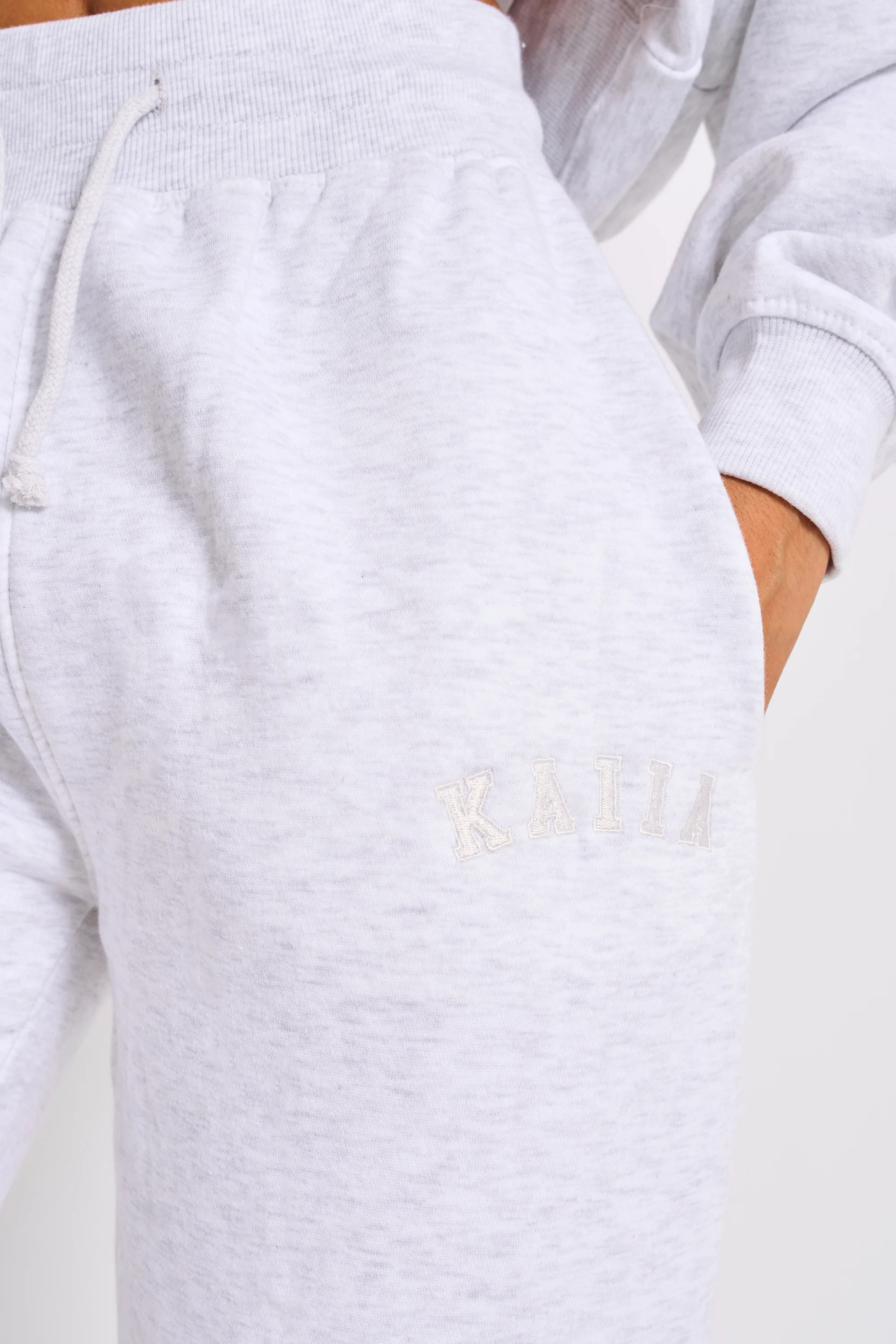 Kaiia Ribbed Waistband Wide Leg Joggers Light Grey Marl - Image 4