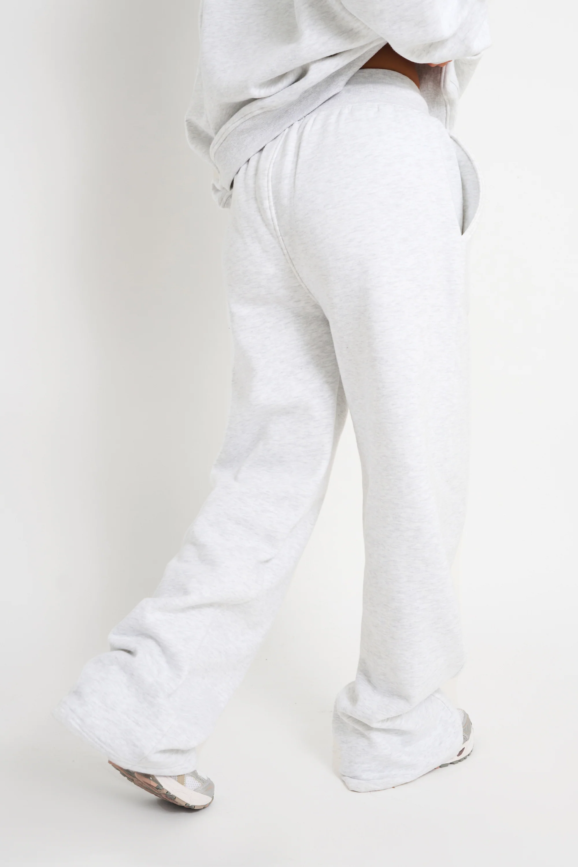 Kaiia Ribbed Waistband Wide Leg Joggers Light Grey Marl & Forest Green - Image 3