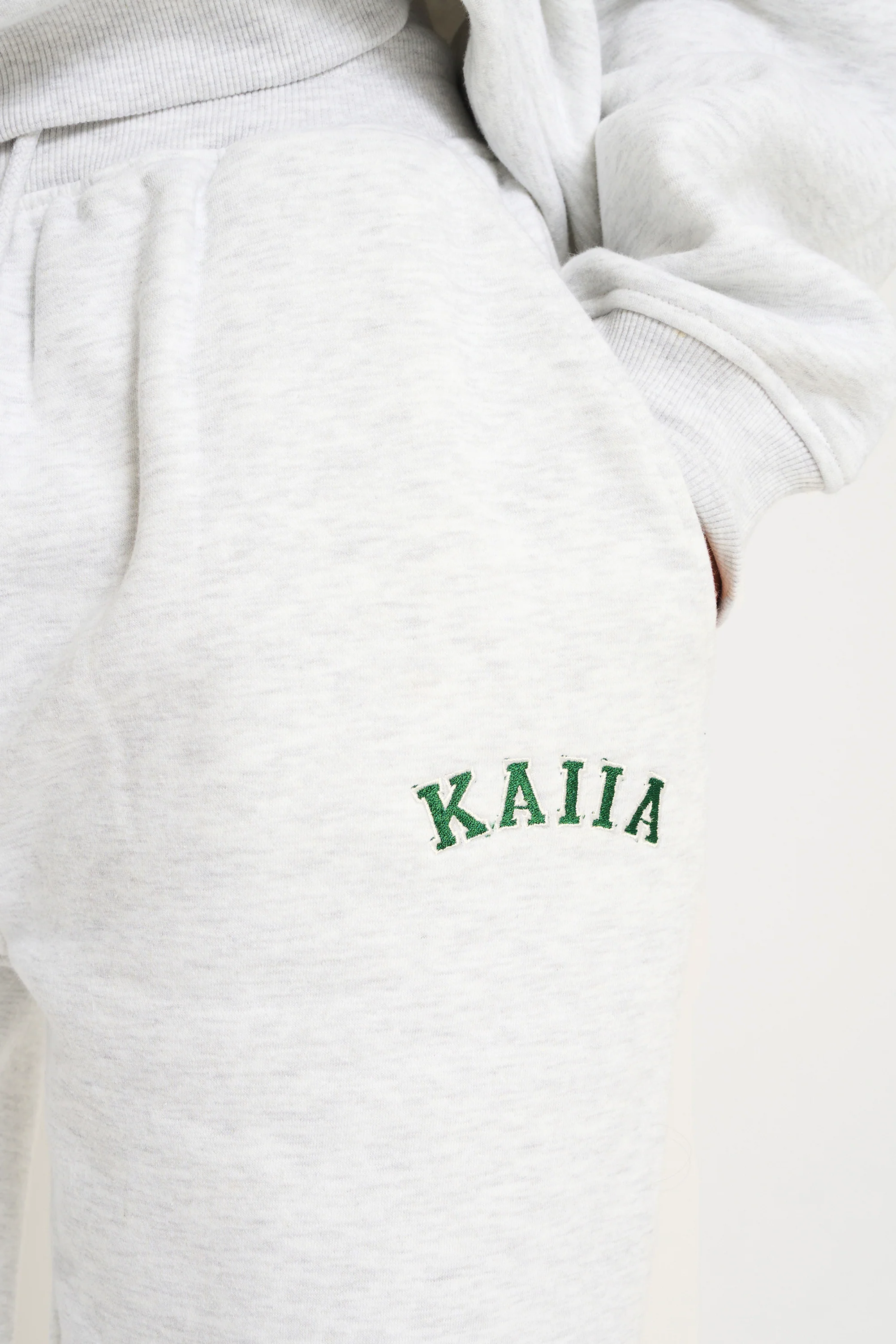 Kaiia Ribbed Waistband Wide Leg Joggers Light Grey Marl & Forest Green - Image 4