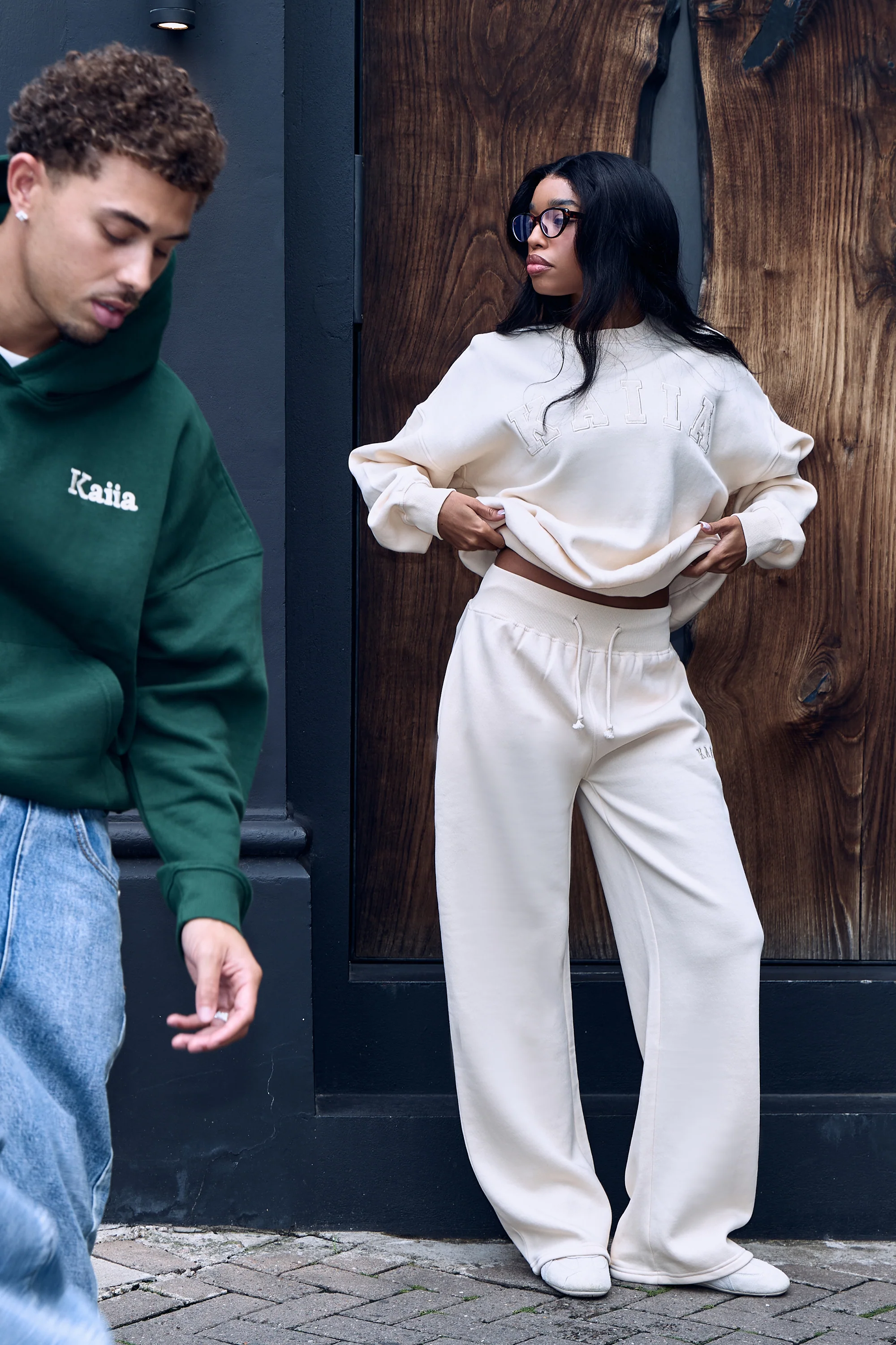 Kaiia Ribbed Waistband Wide Leg Joggers Warm Cream - Image 2