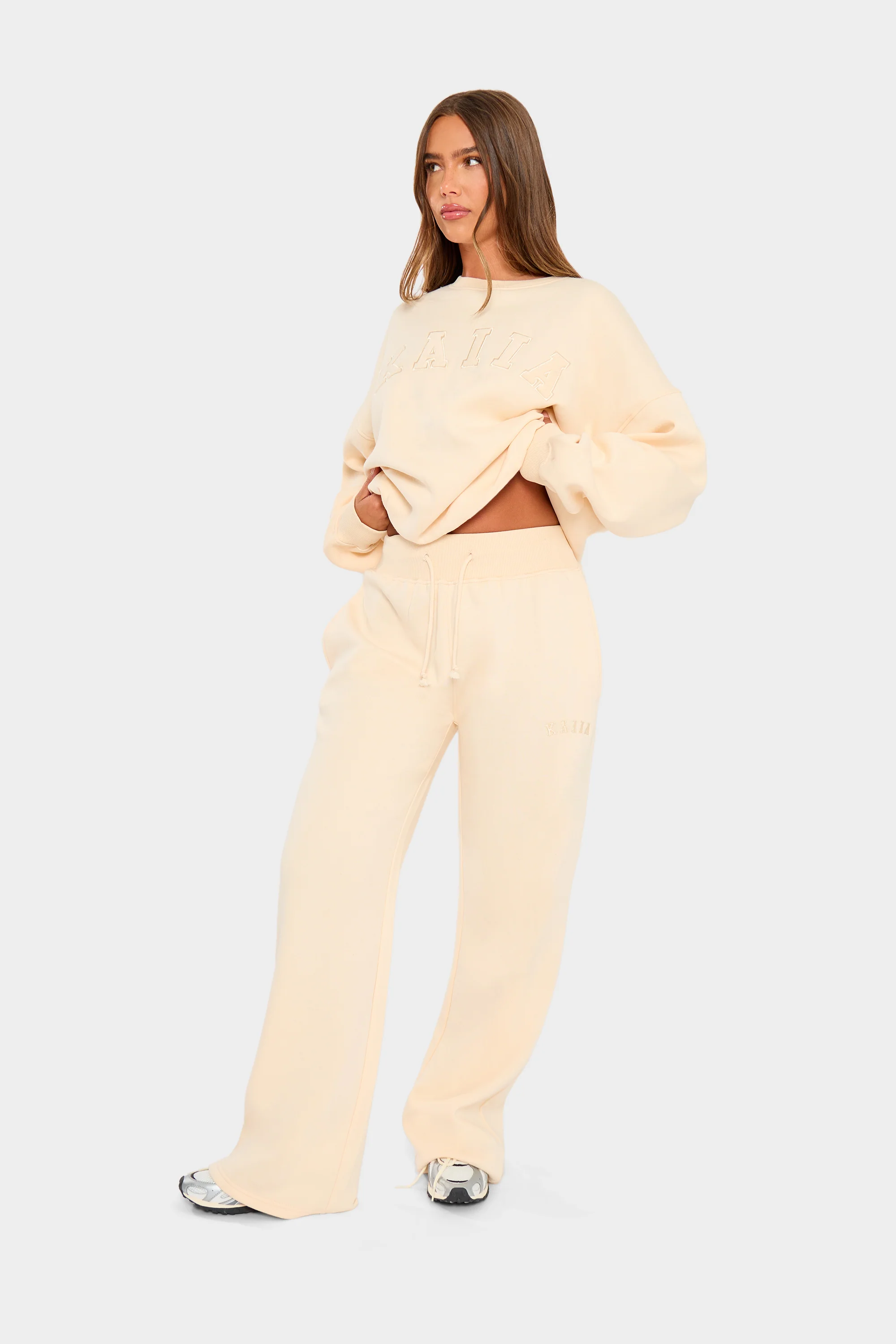Kaiia Ribbed Waistband Wide Leg Joggers Warm Cream - Image 4