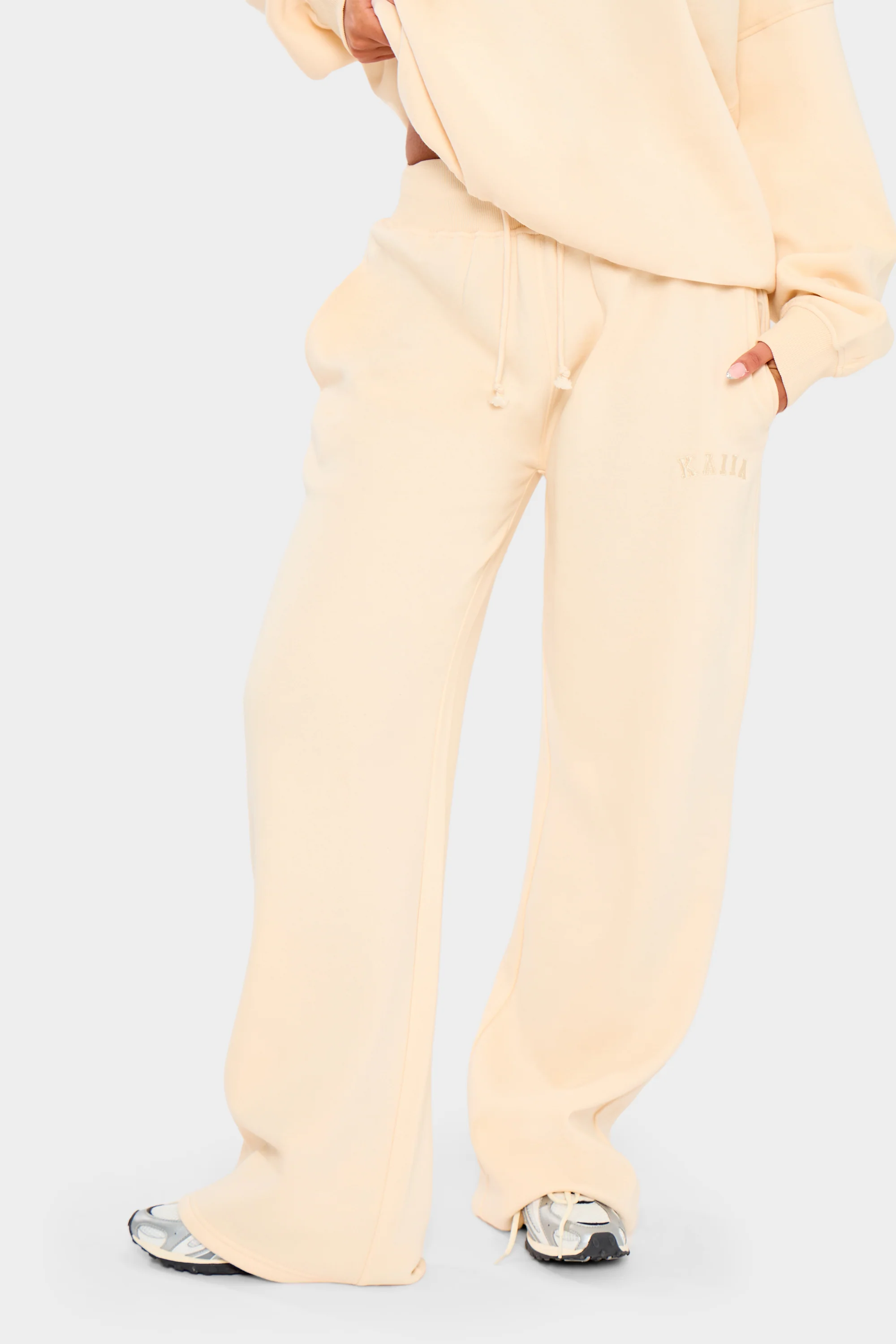 Kaiia Ribbed Waistband Wide Leg Joggers Warm Cream - Image 5