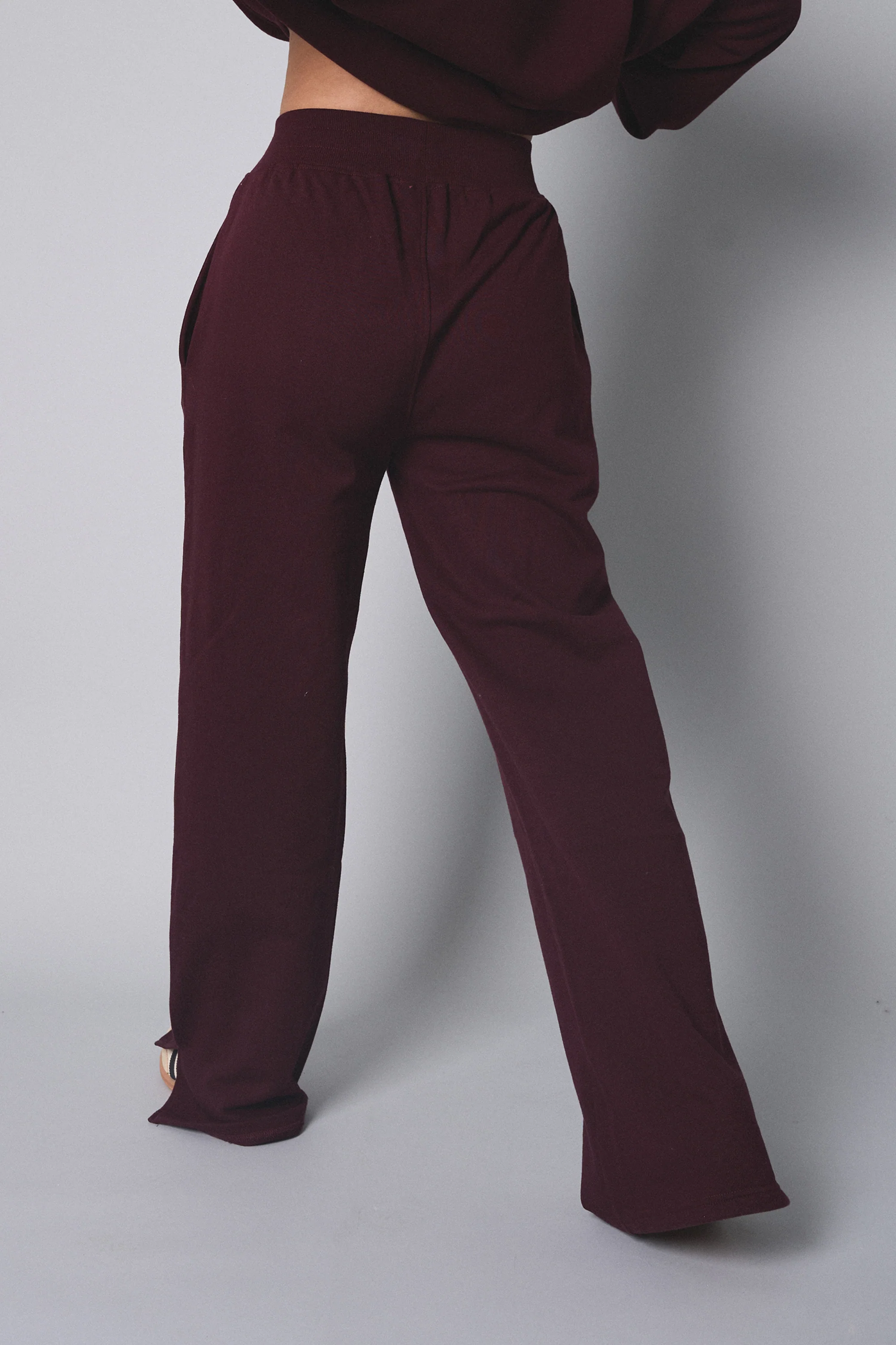 Kaiia Ribbed Waistband Wide Leg Sweat Pants Burgundy - Image 3