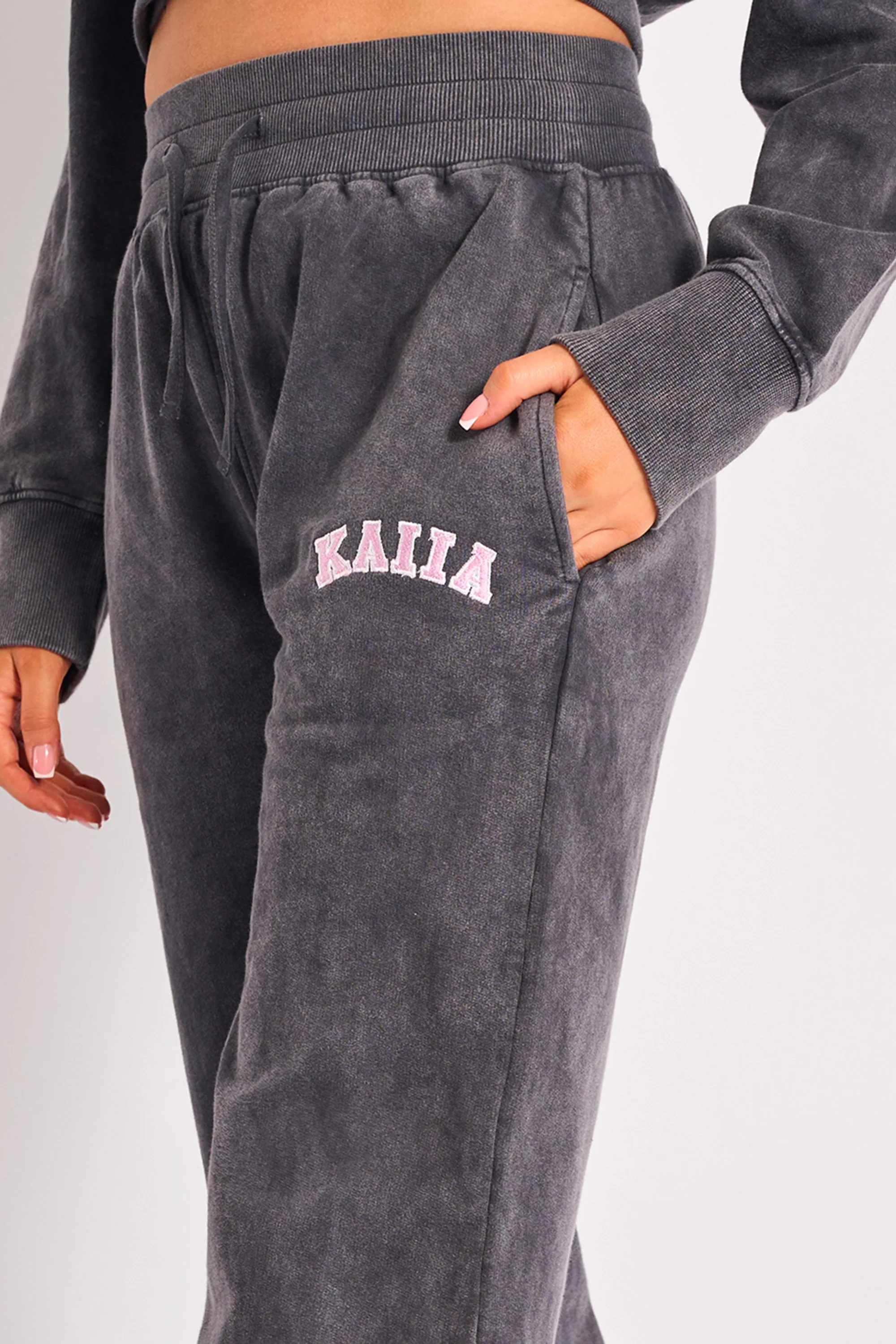 Kaiia Ribbed Waistband Wide Leg Sweat Pants Washed Dark Grey & Pink - Image 4