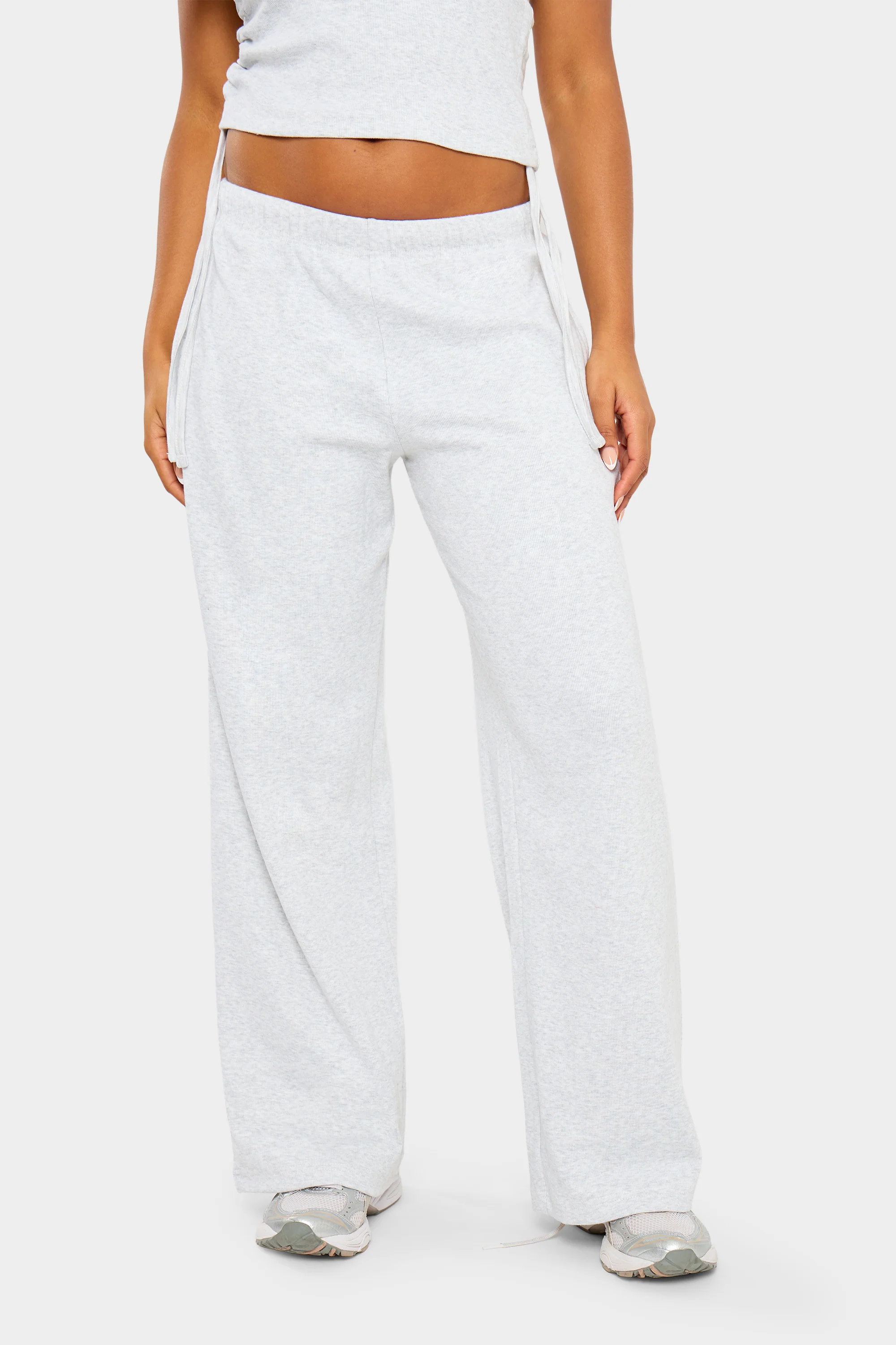 Kaiia Ribbed Wide Leg Trousers Light Grey Marl & Pink - Image 3