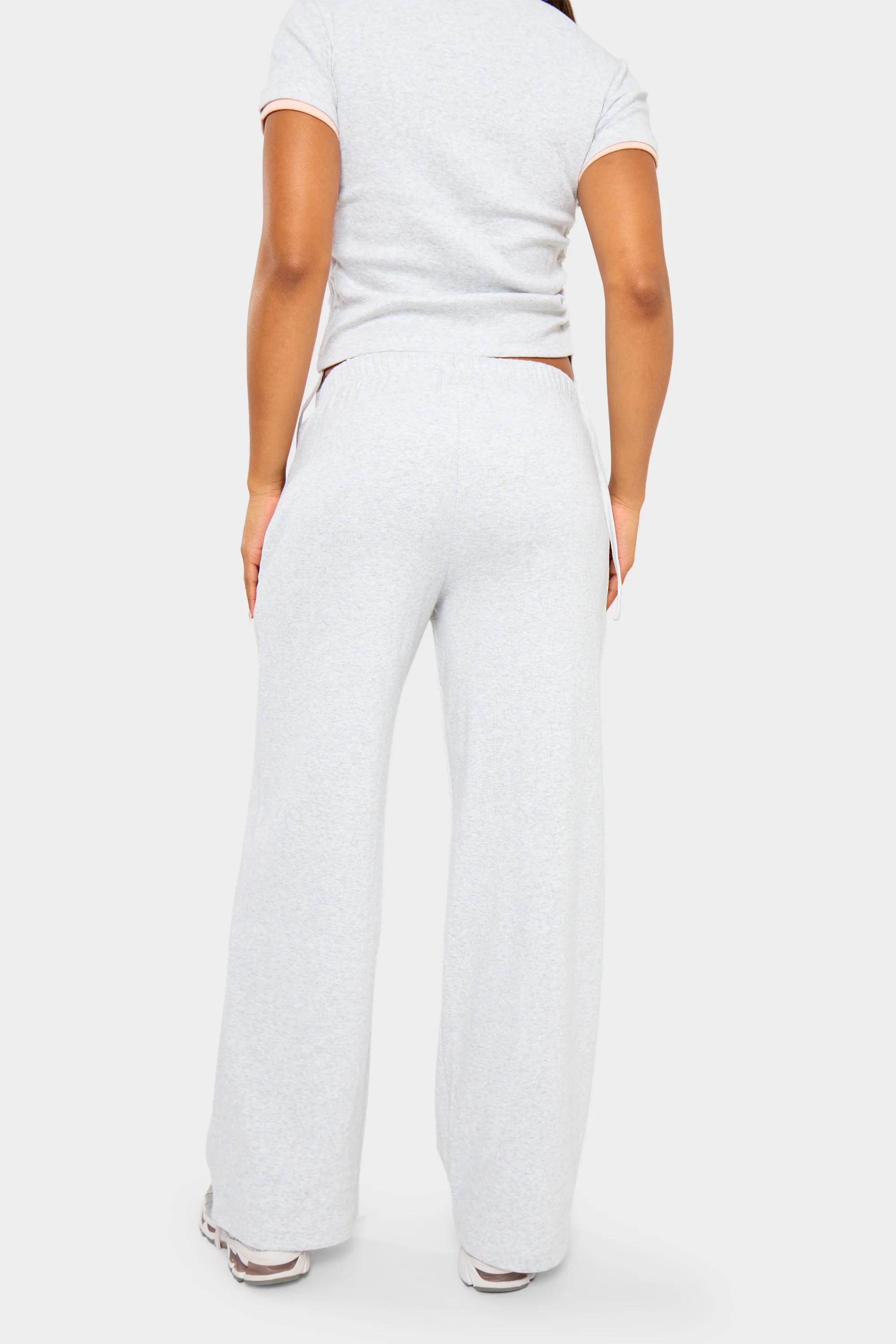 Kaiia Ribbed Wide Leg Trousers Light Grey Marl & Pink - Image 4