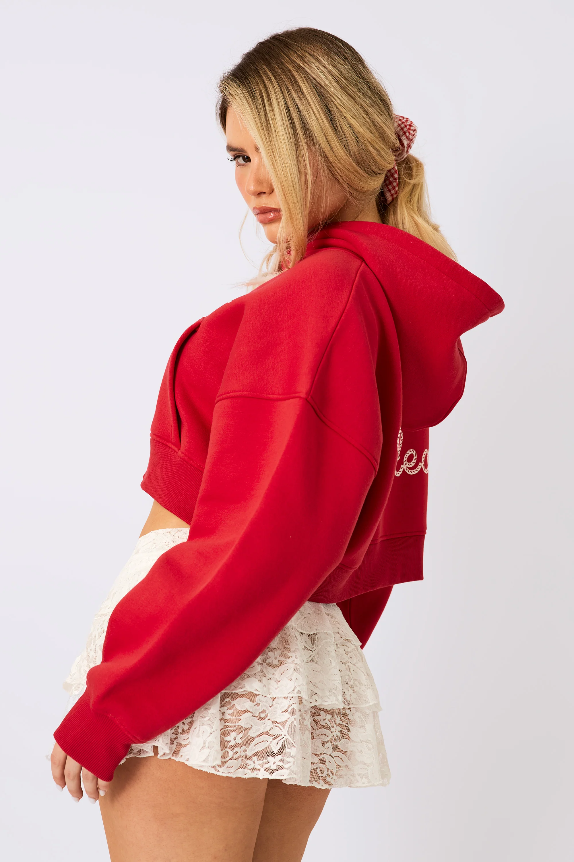 Kaiia Rodeo Logo Cropped Oversized Hoodie Red - Image 3