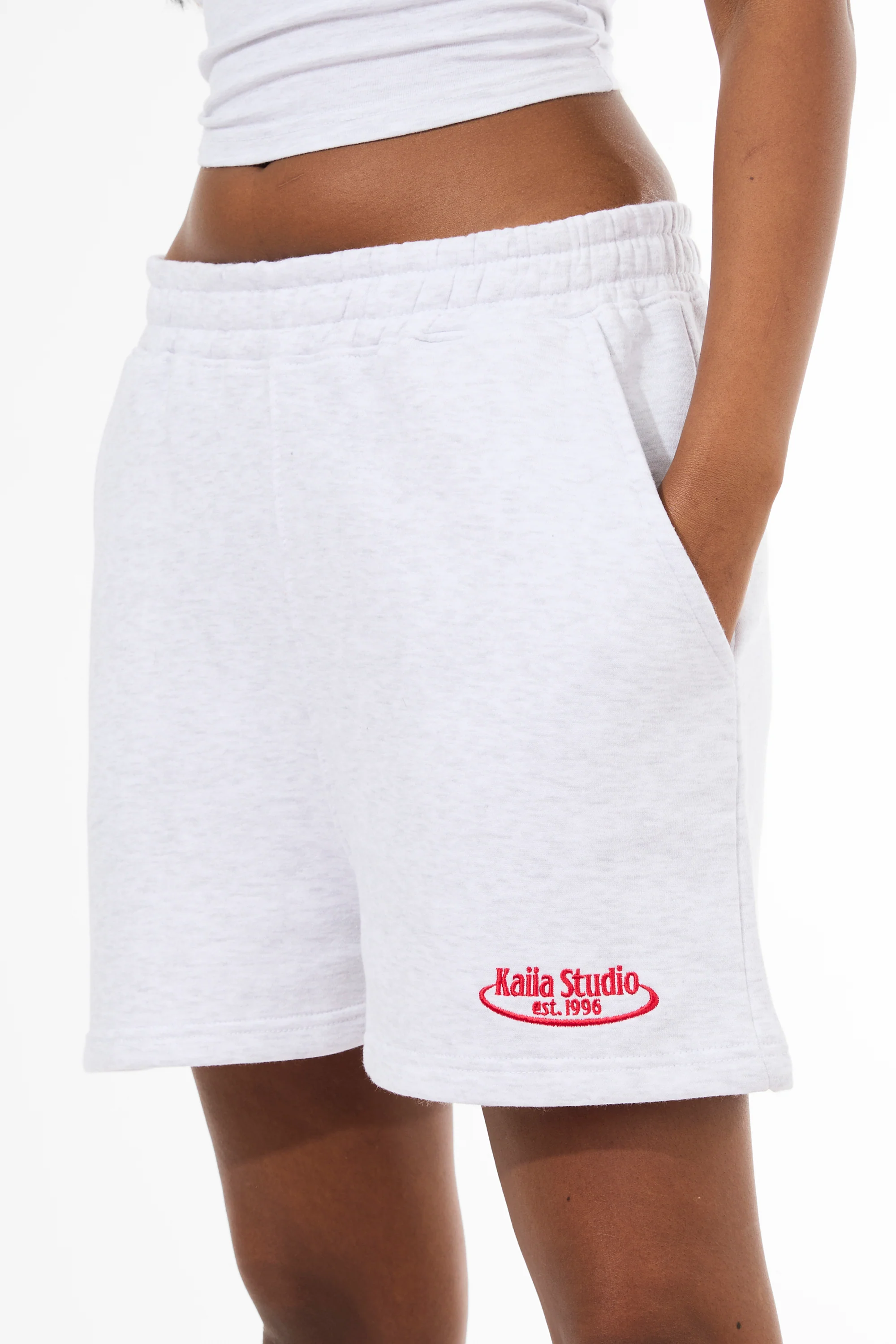 Kaiia Running Club Logo Sweat Shorts Light Grey Marl - Image 2