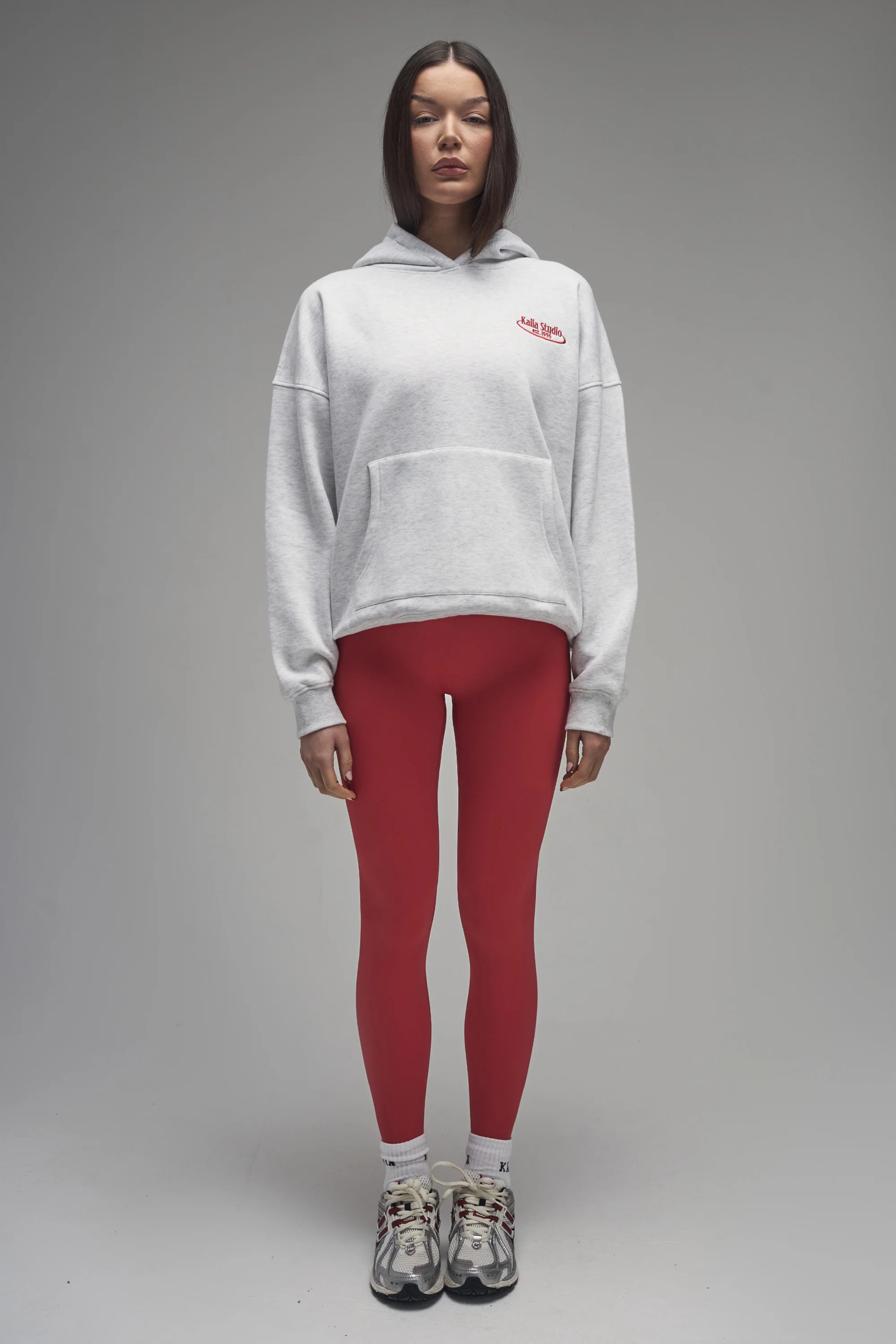Kaiia Running Club Logo Oversized Hoodie Light Grey Marl & Red - Image 3