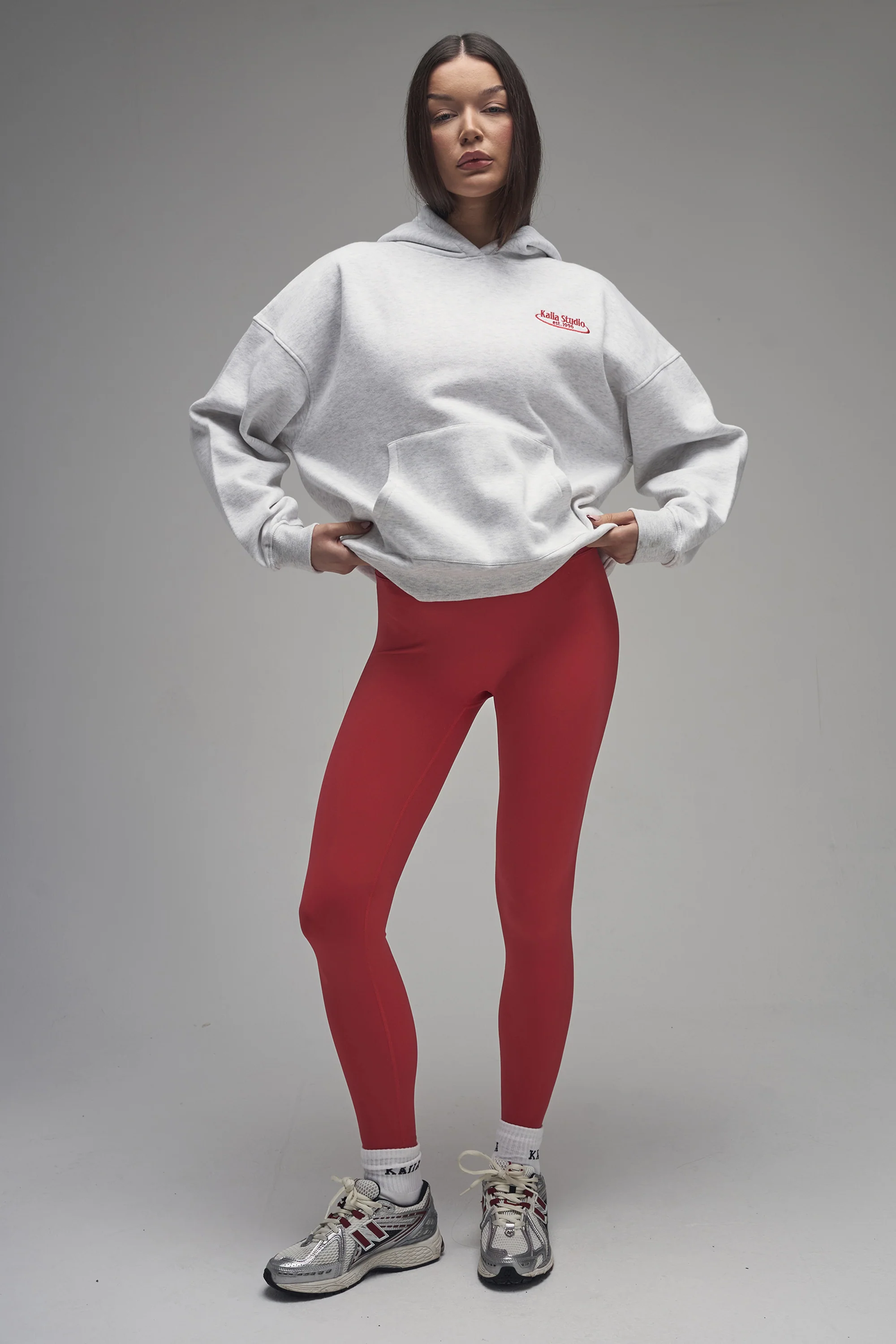 Kaiia Running Club Logo Oversized Hoodie Light Grey Marl & Red - Image 4