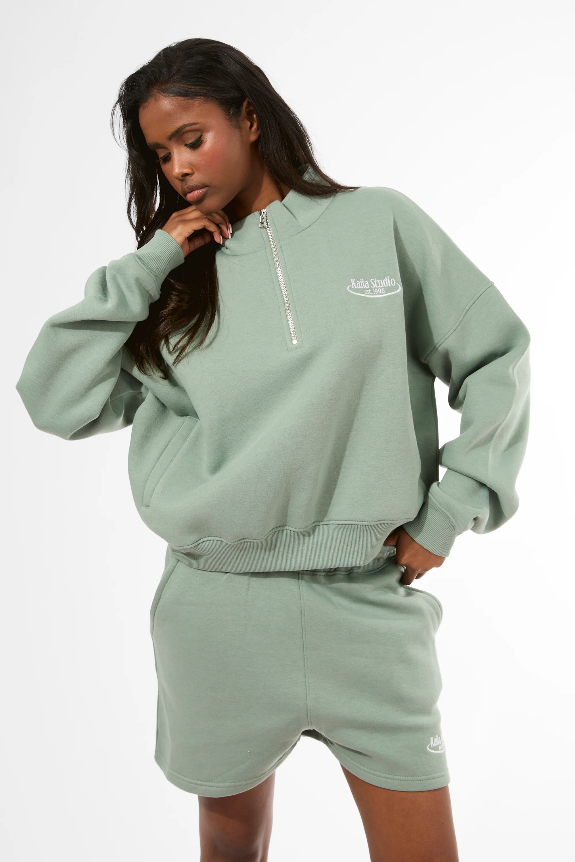 Kaiia Running Club Logo Quarter Zip Sweatshirt Green Tea - Image 2
