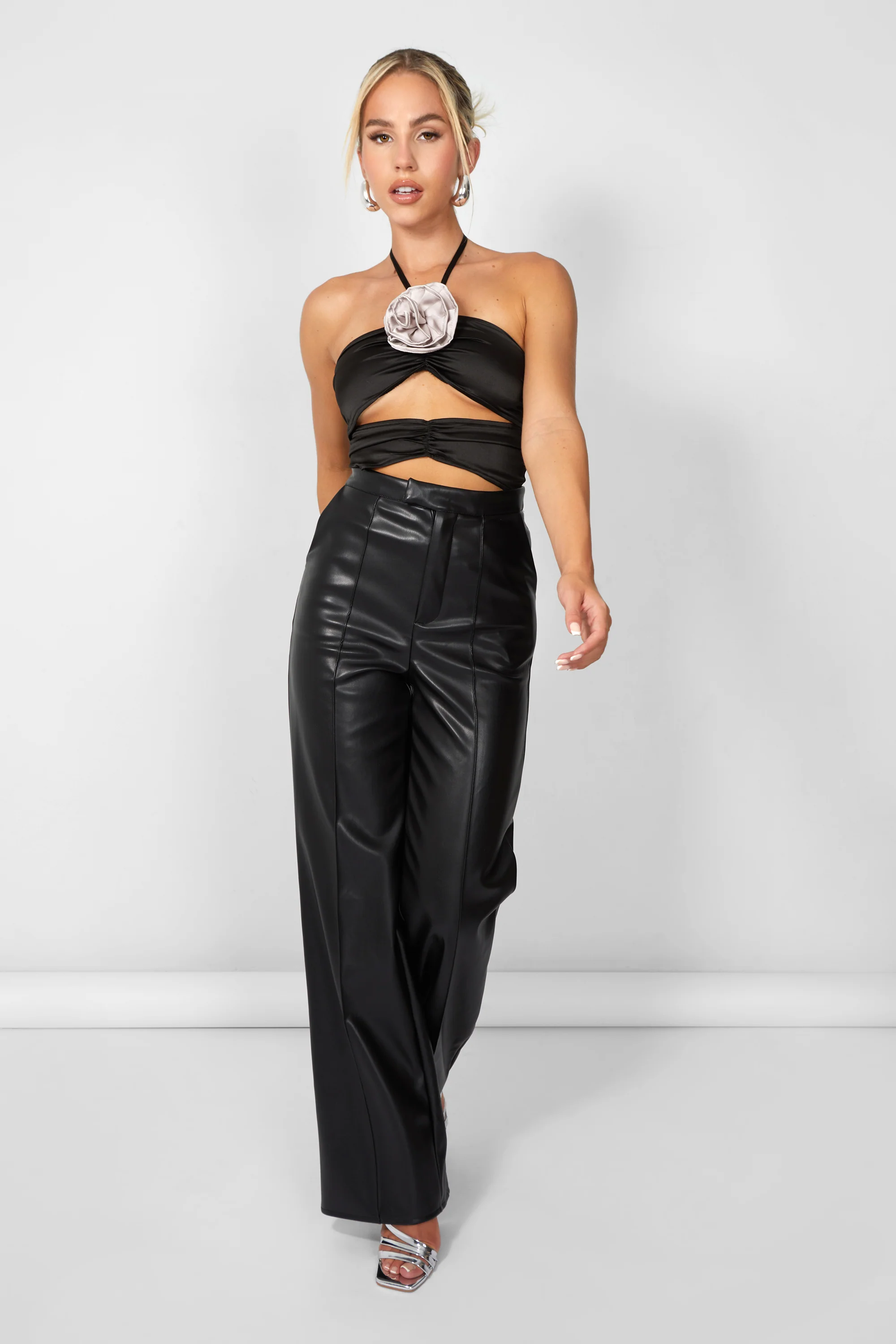 Kaiia Satin Removeable Corsage Halterneck Body in Black - Image 5