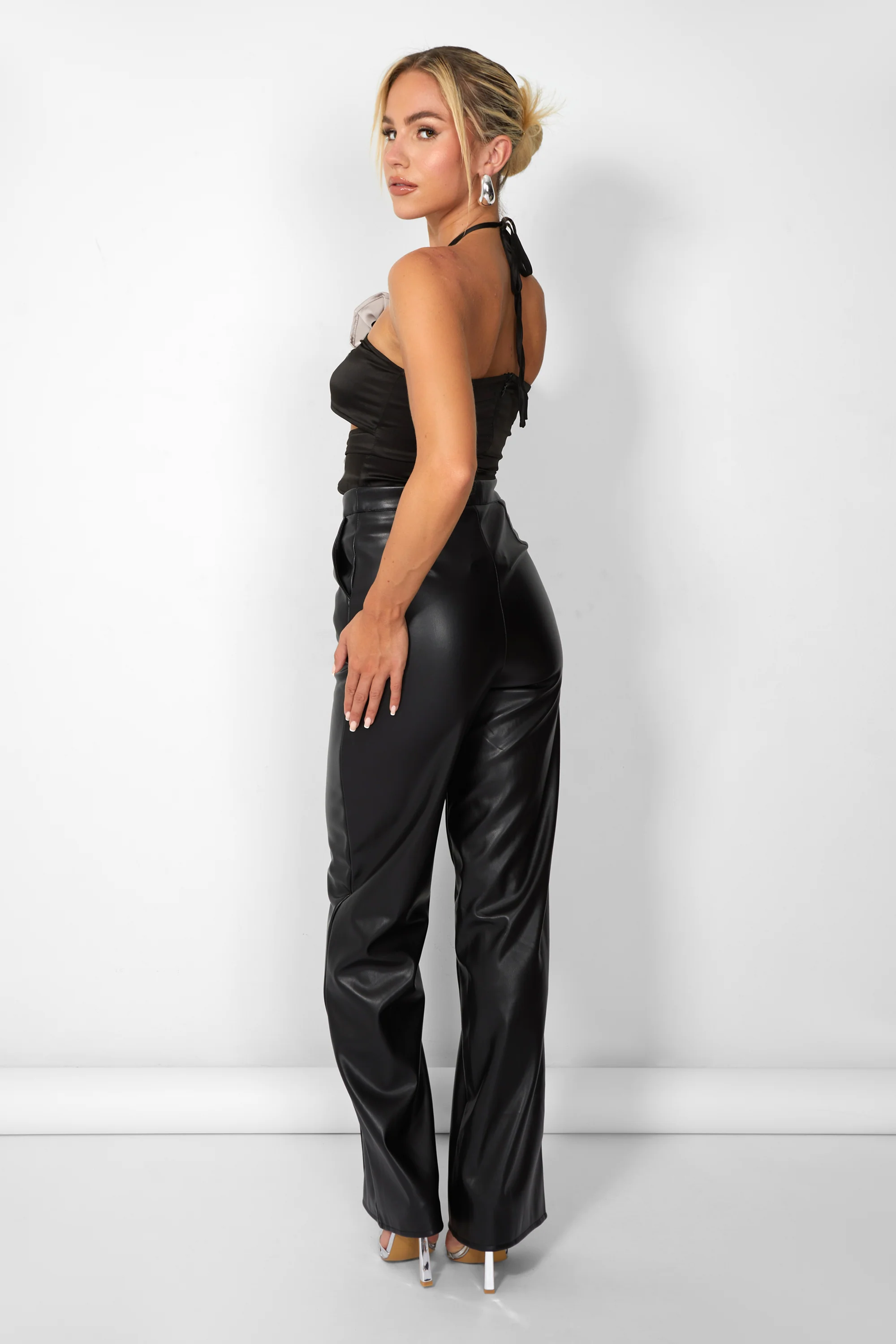 Kaiia Satin Removeable Corsage Halterneck Body in Black - Image 8