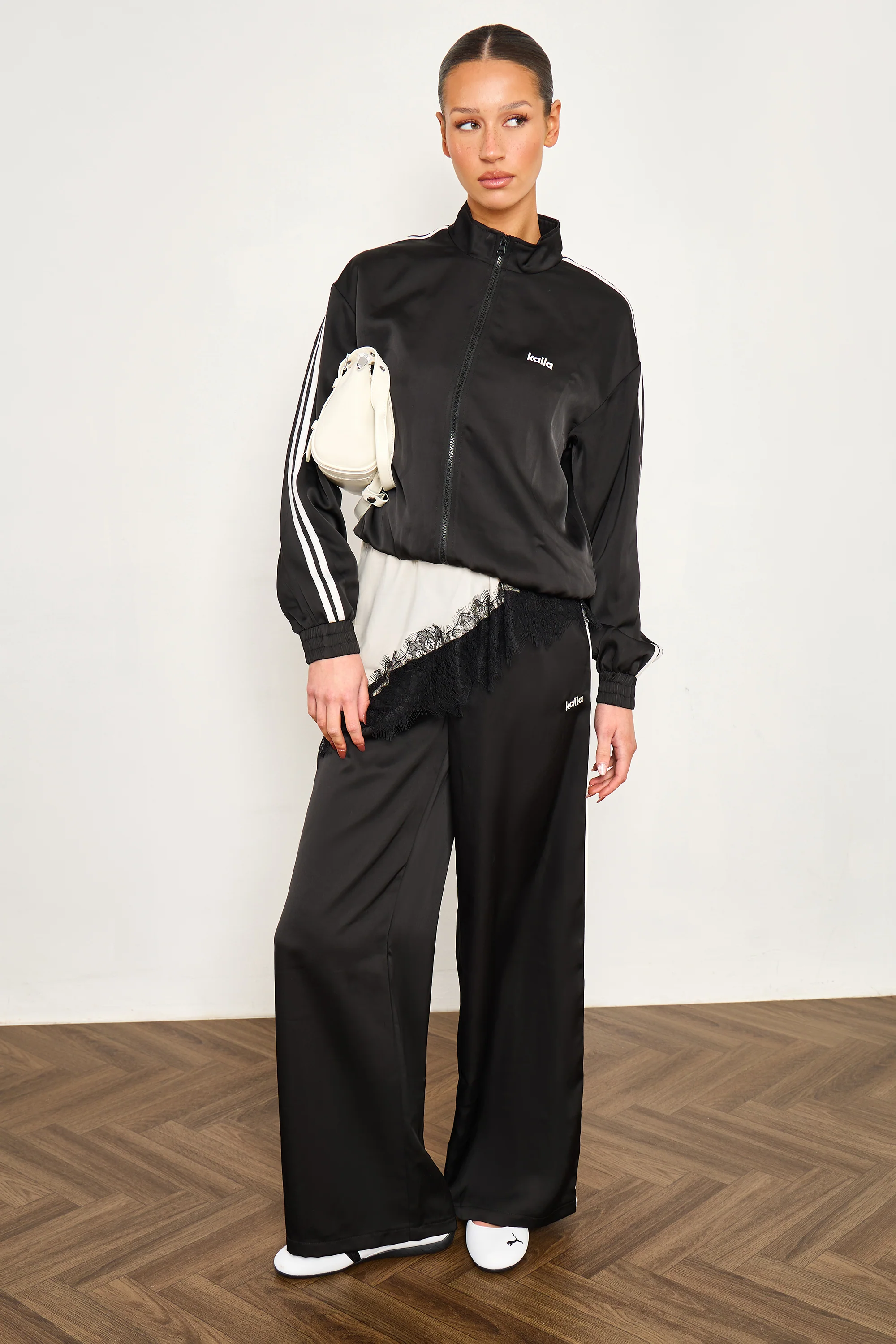 Kaiia Satin Side Stripe Wide Leg Trousers Black & White