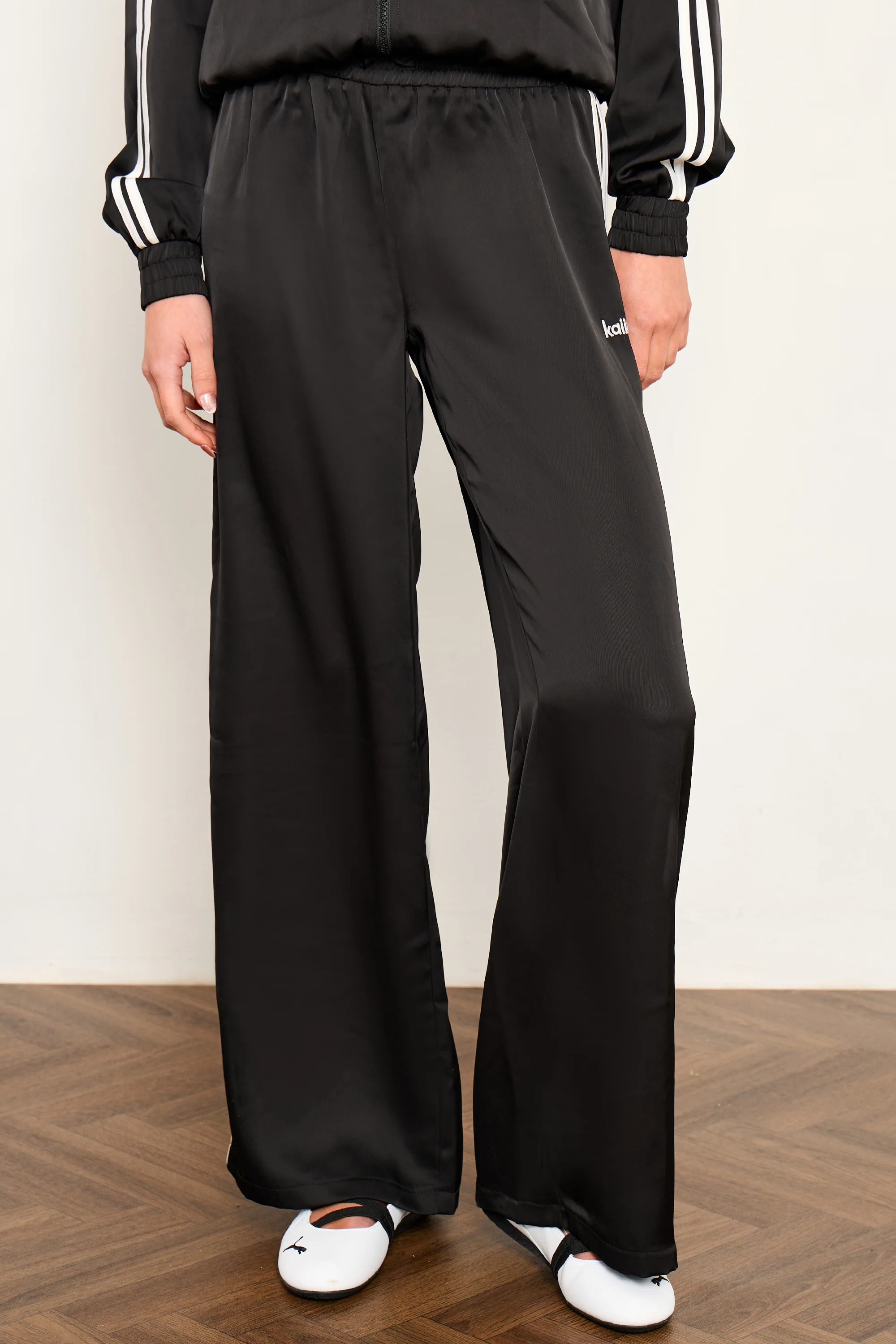 Kaiia Satin Side Stripe Wide Leg Trousers Black & White - Image 3
