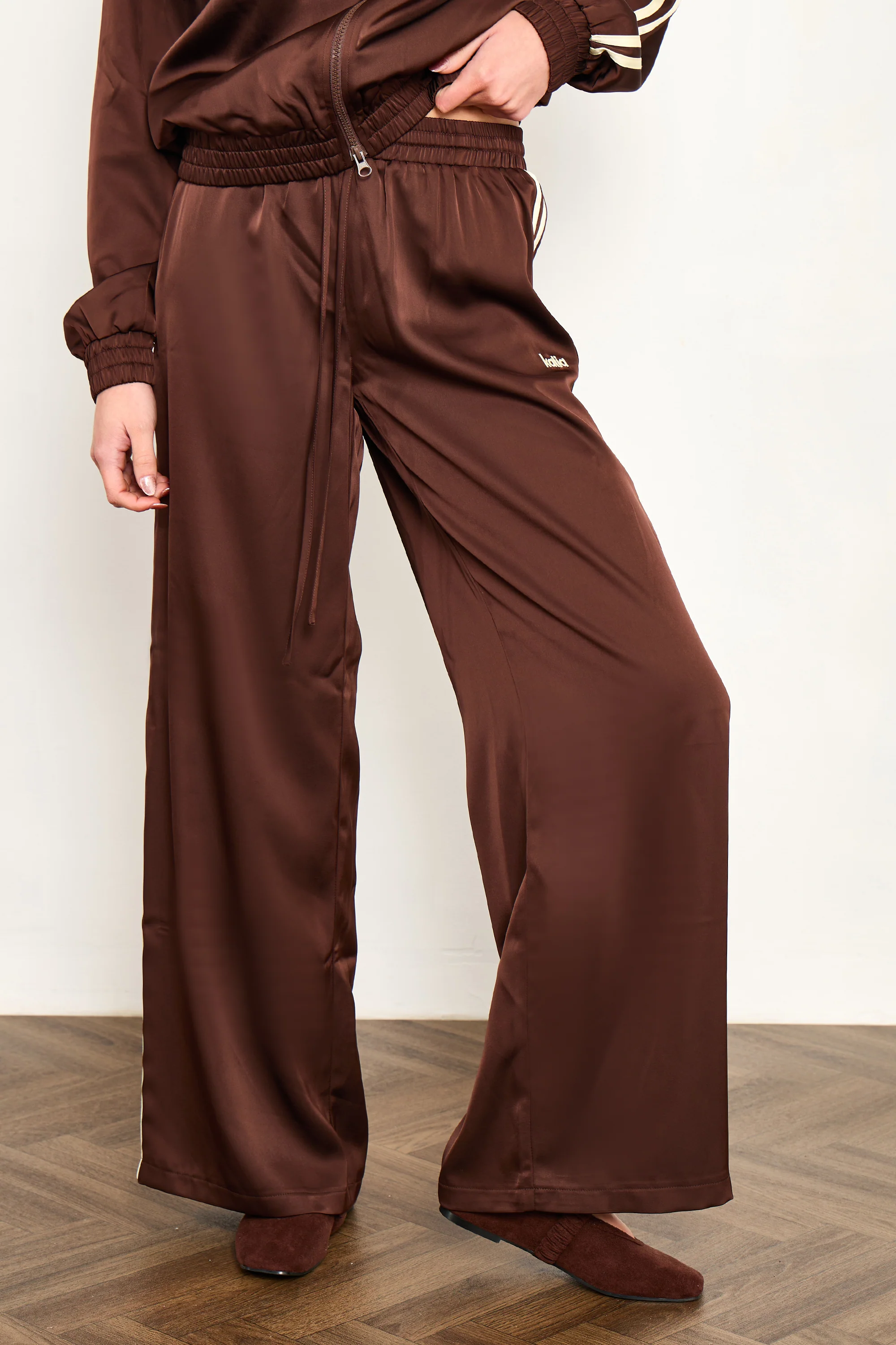 Kaiia Satin Side Stripe Wide Leg Trousers Cocoa Brown & Lemon - Image 2