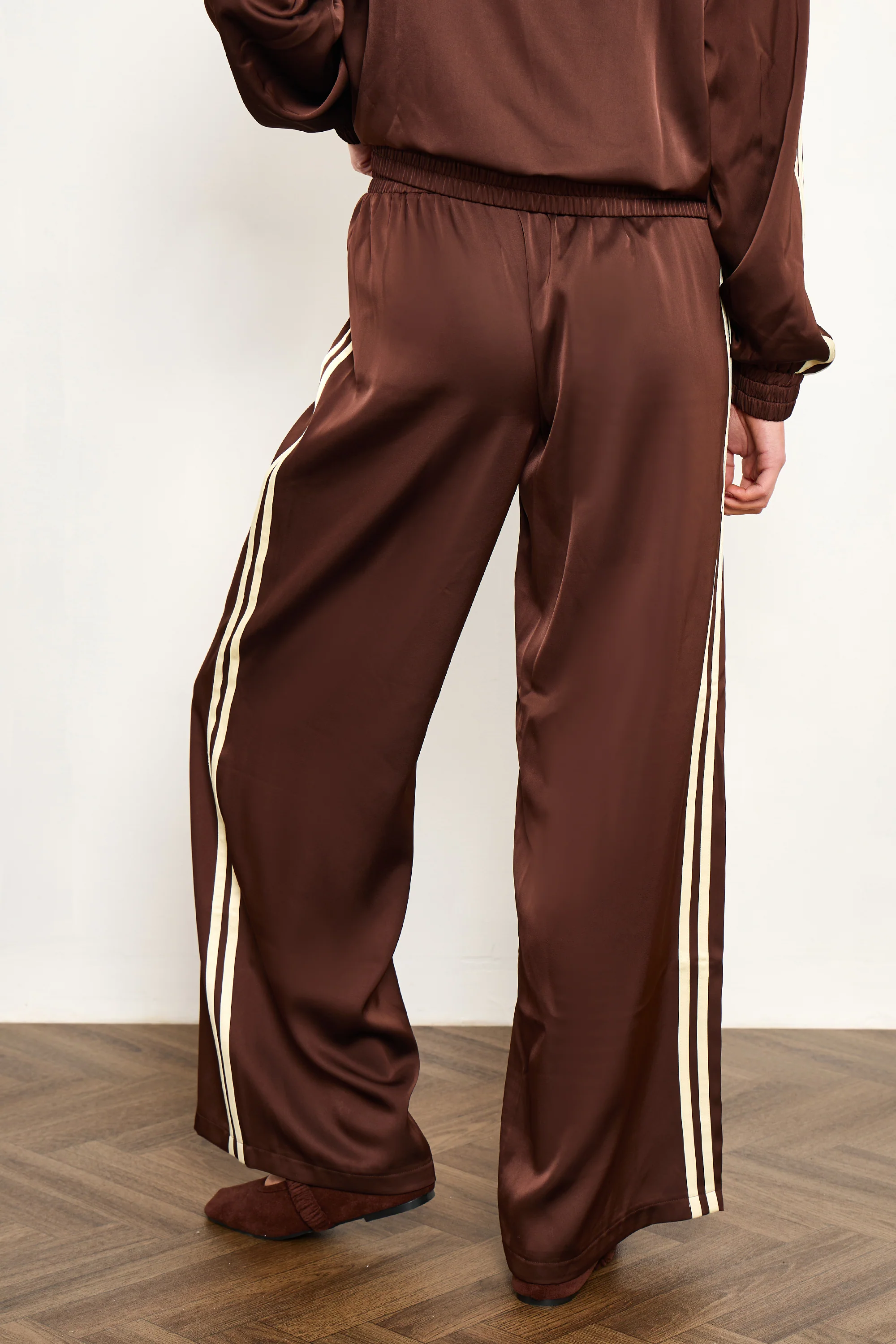 Kaiia Satin Side Stripe Wide Leg Trousers Cocoa Brown & Lemon - Image 3