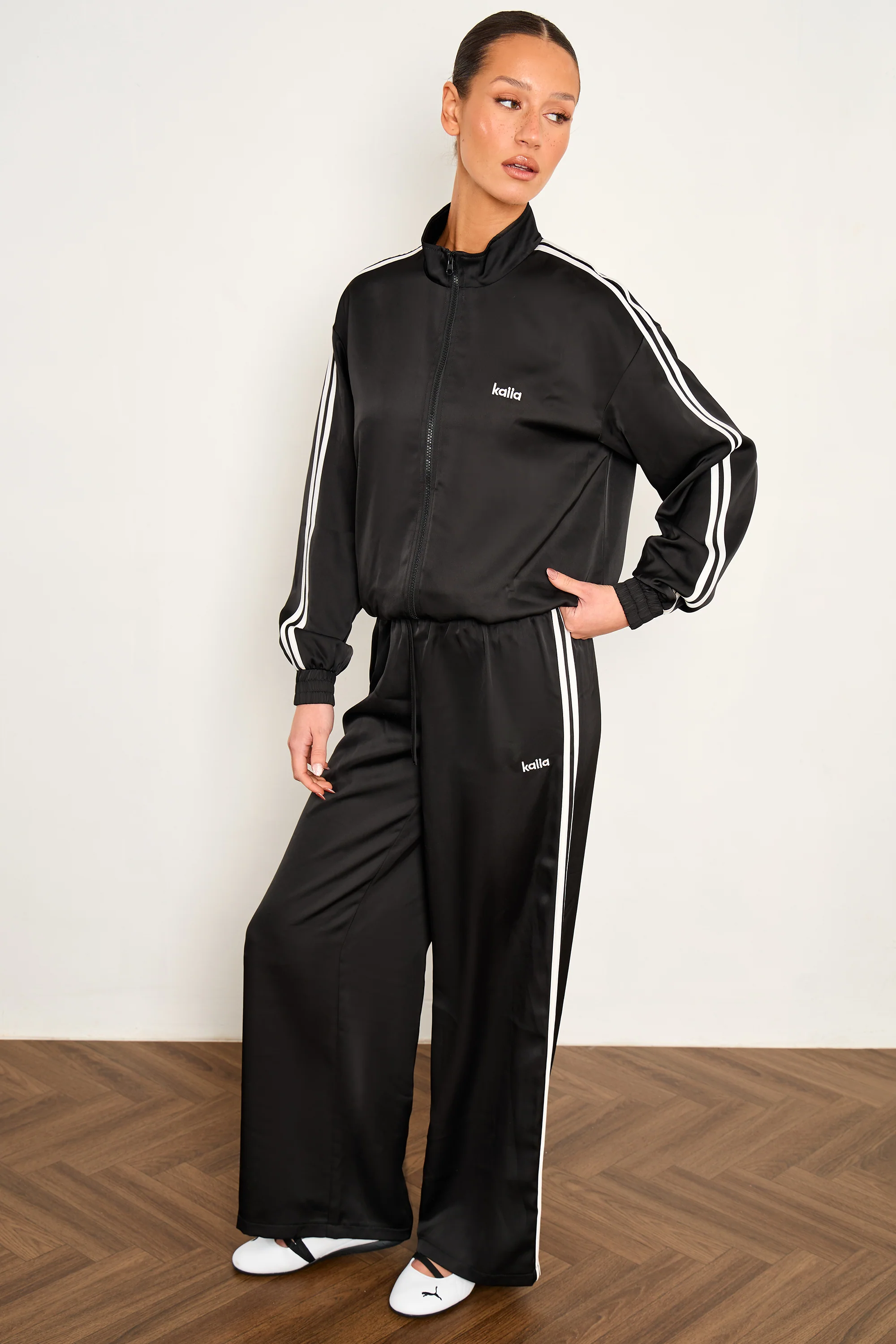 Kaiia Satin Side Stripe Zip Up Jacket Black & White - Image 2