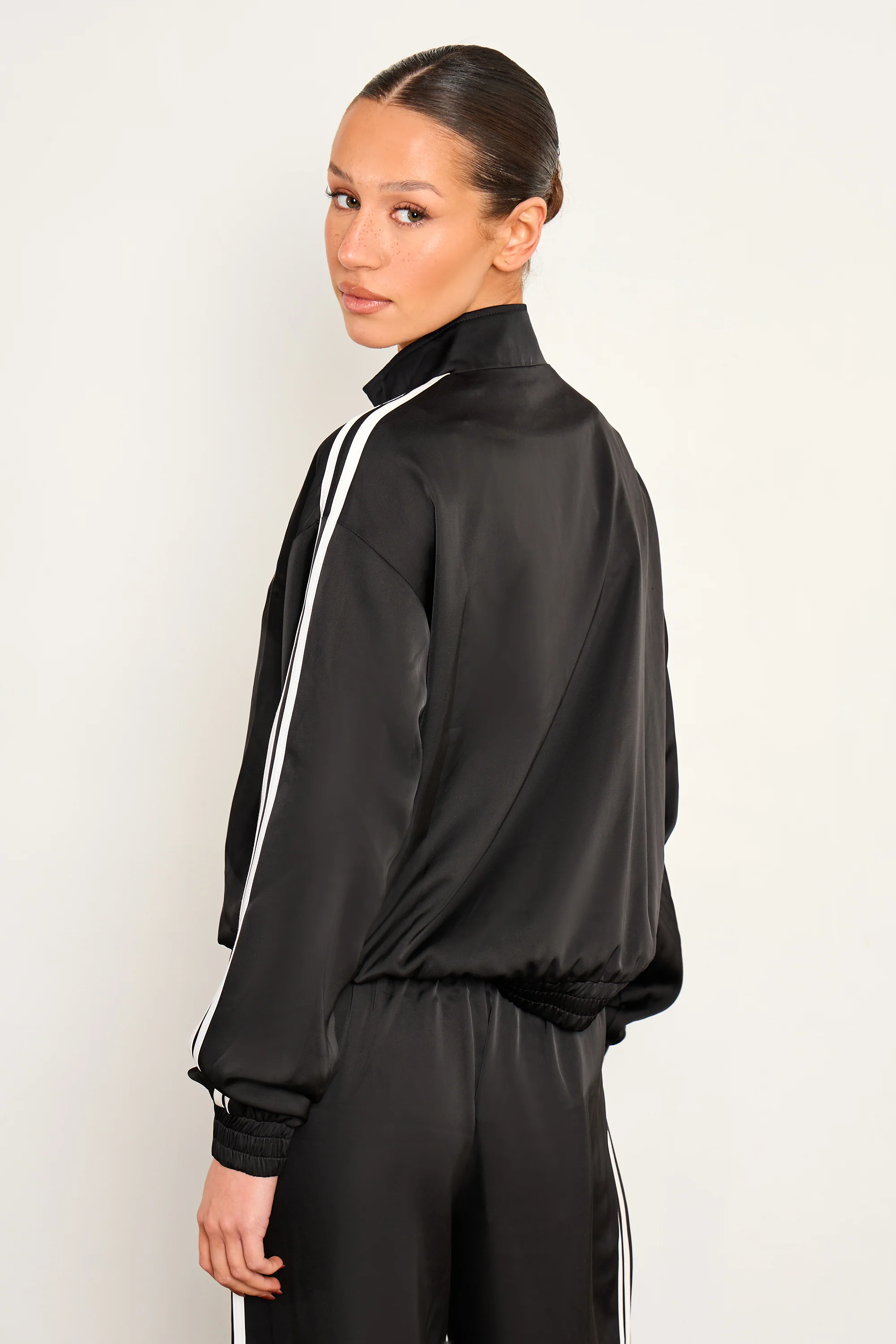 Kaiia Satin Side Stripe Zip Up Jacket Black & White - Image 3