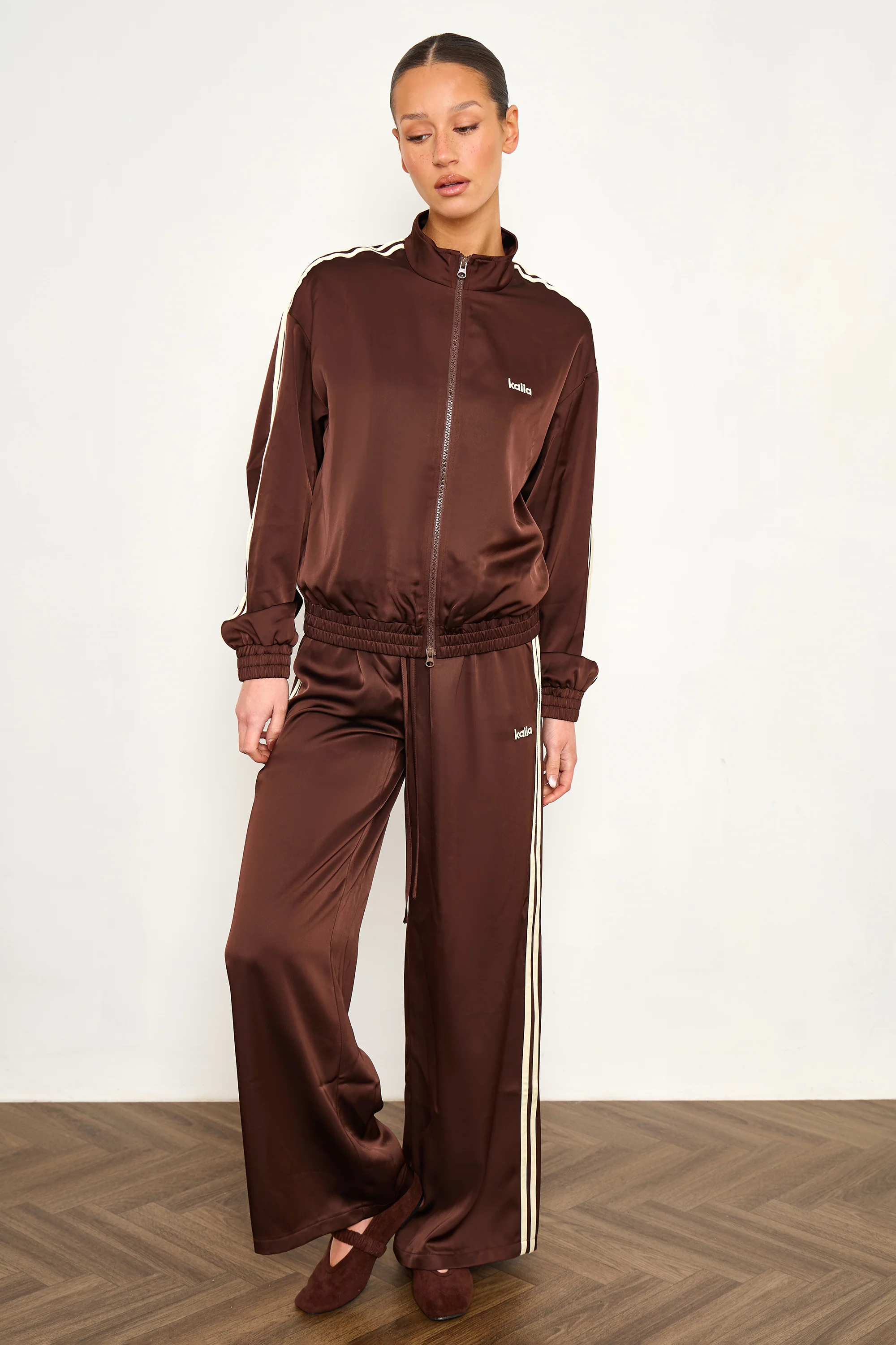 Kaiia Satin Side Stripe Zip Up Jacket Cocoa Brown & Lemon - Image 2
