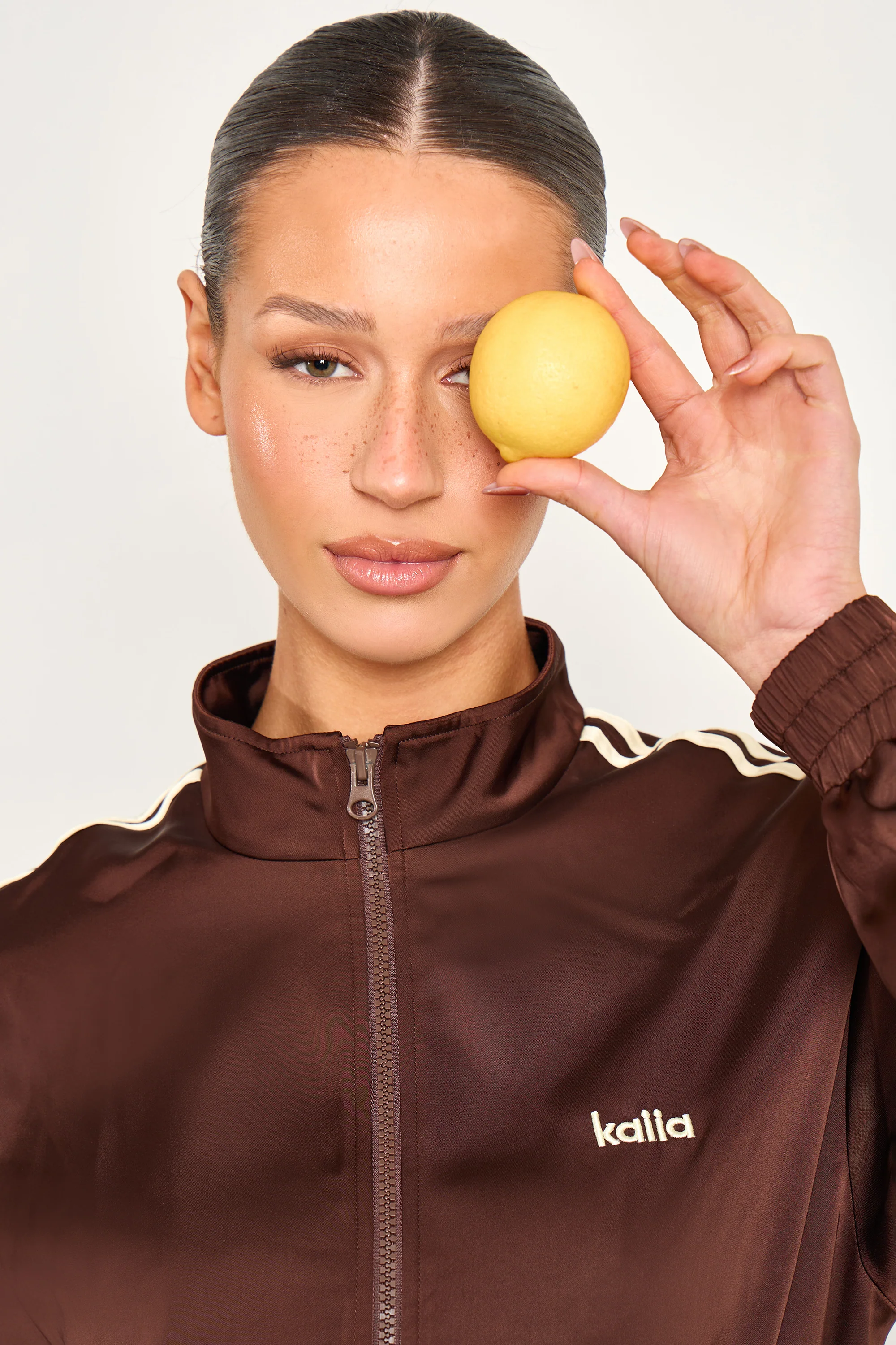 Kaiia Satin Side Stripe Zip Up Jacket Cocoa Brown & Lemon - Image 4