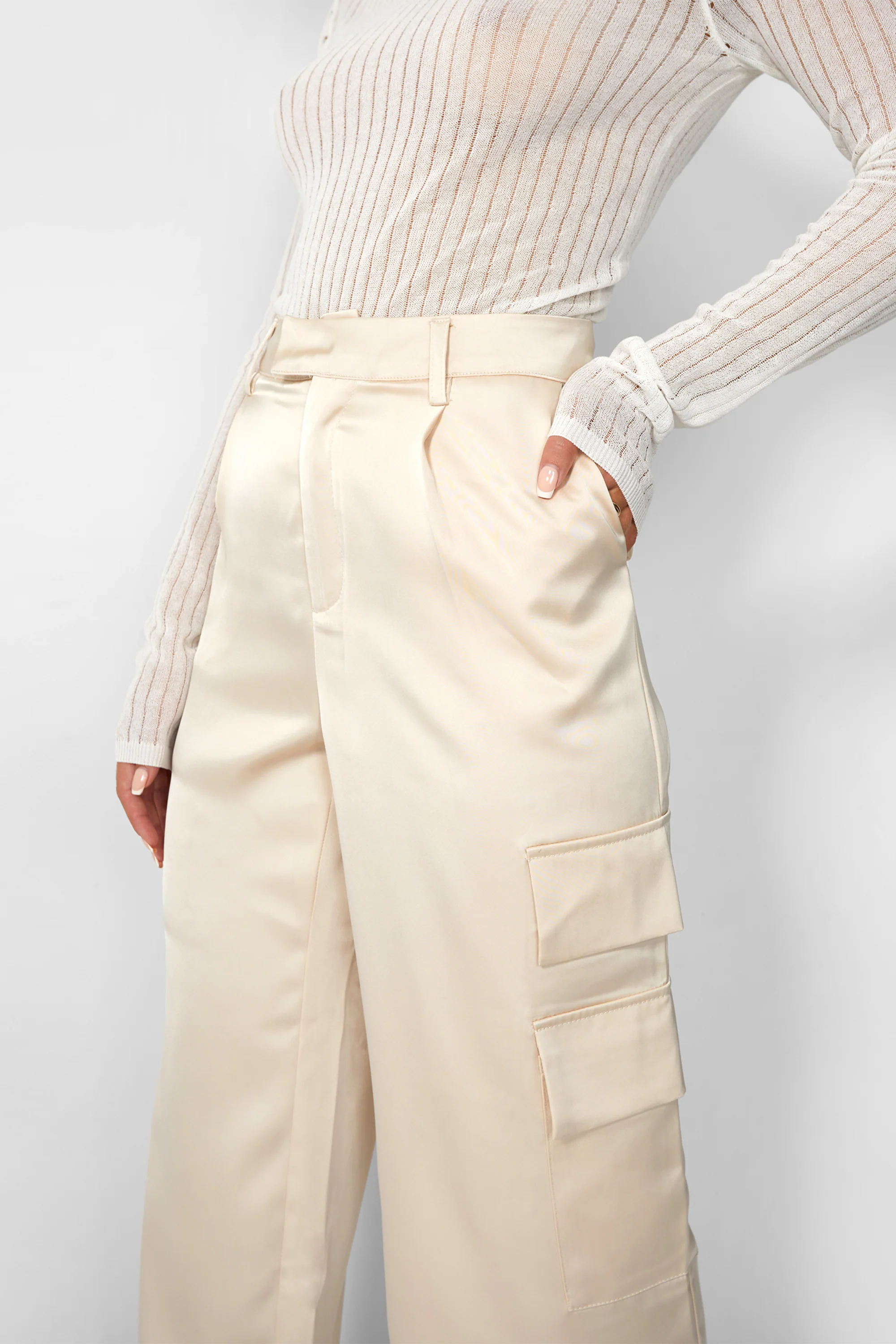 Kaiia Satin Wide Leg Cargos in Beige - Image 4