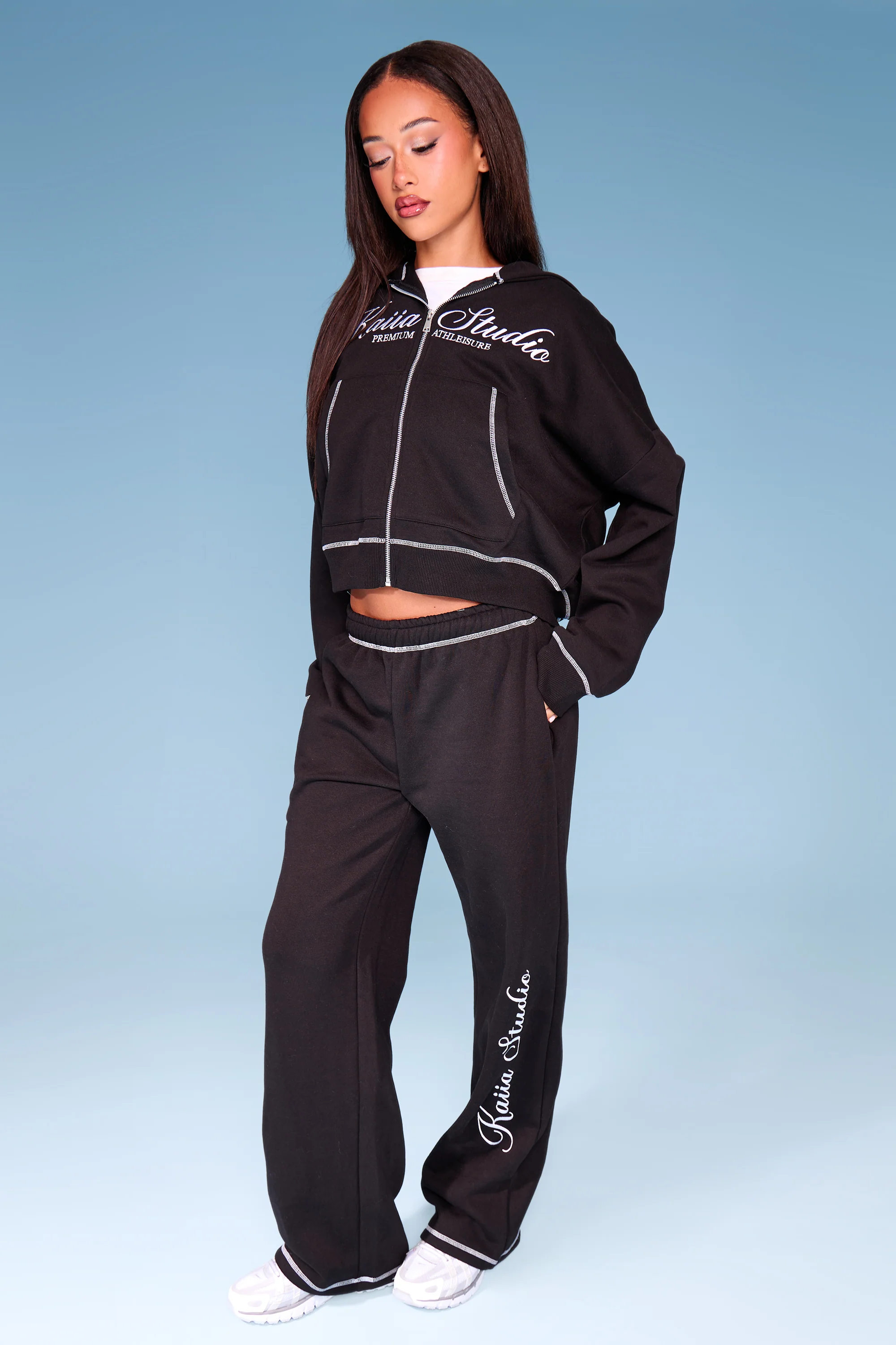 Kaiia Script Contrast Stitch Oversized Zip Through Hoodie Black & White - Image 3