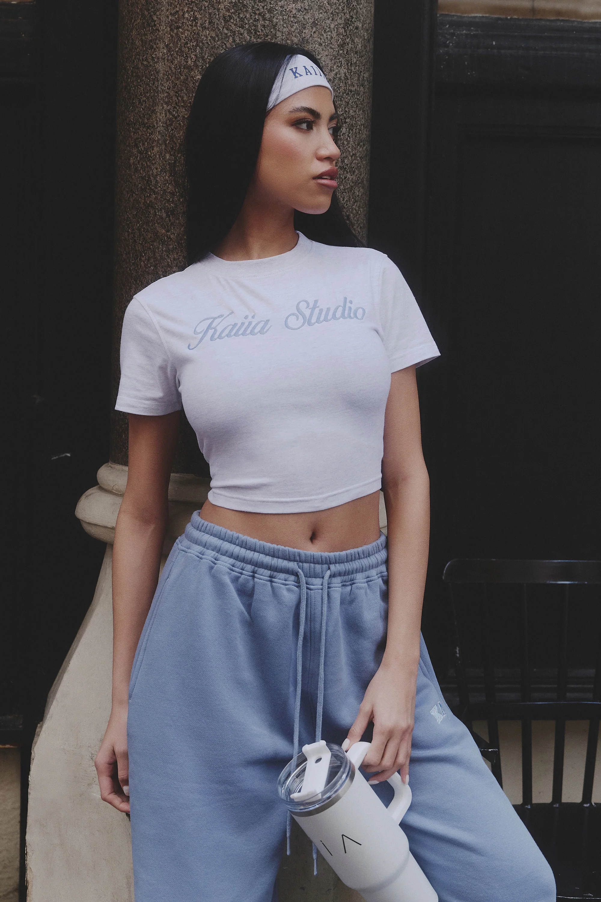 Kaiia Script Logo Baby Tee Light Grey Marl & Vintage Blue - Image 5