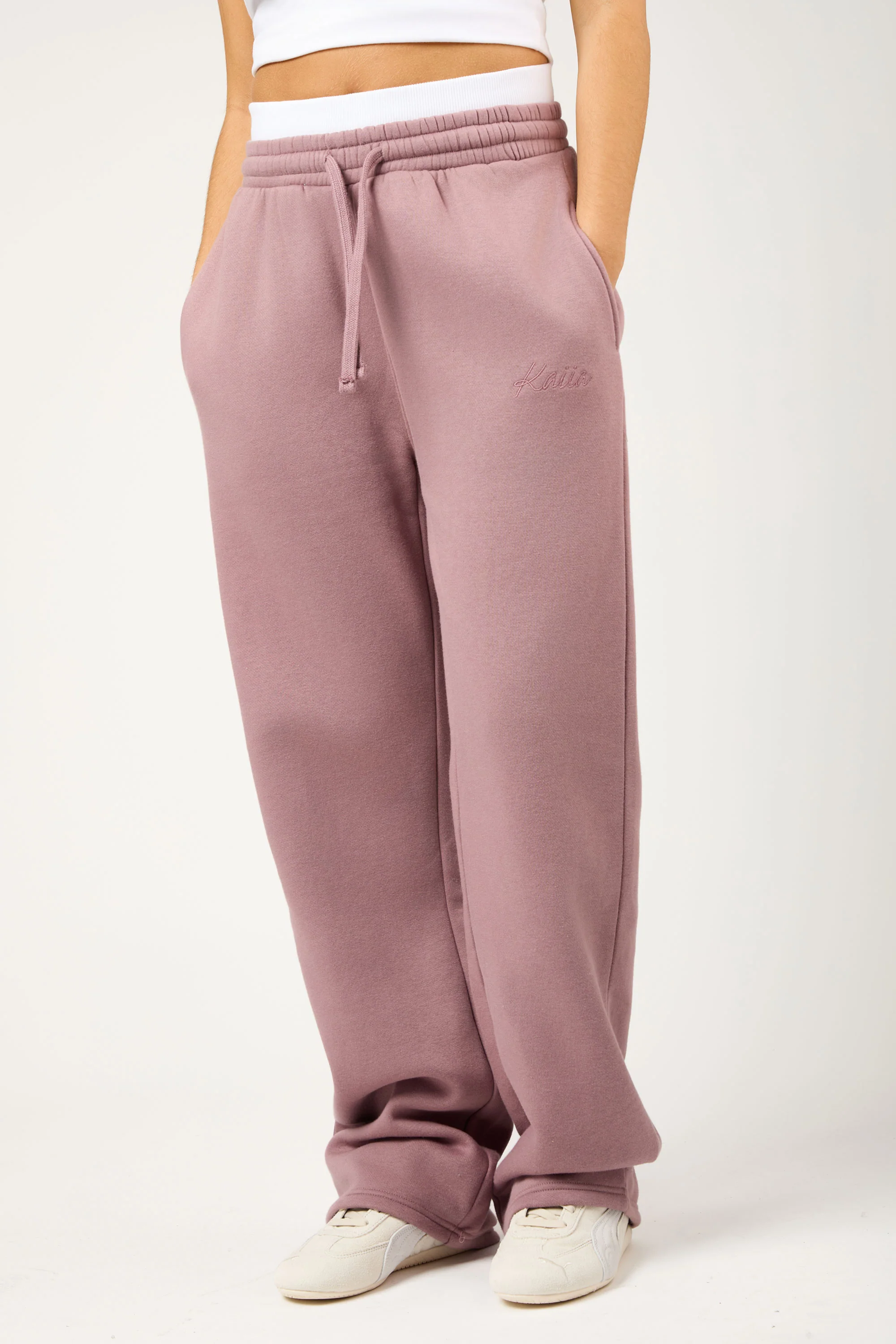 Kaiia Script Logo Exposed Waistband Wide Leg Joggers Rosewood - Image 3