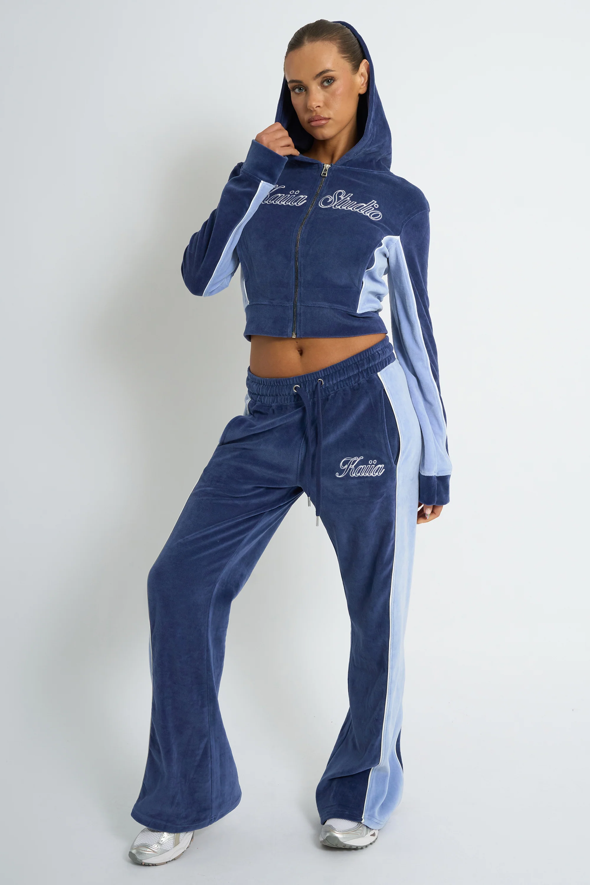 Kaiia Script Logo Panelled Velour Zip Up Hoodie Navy - Image 3