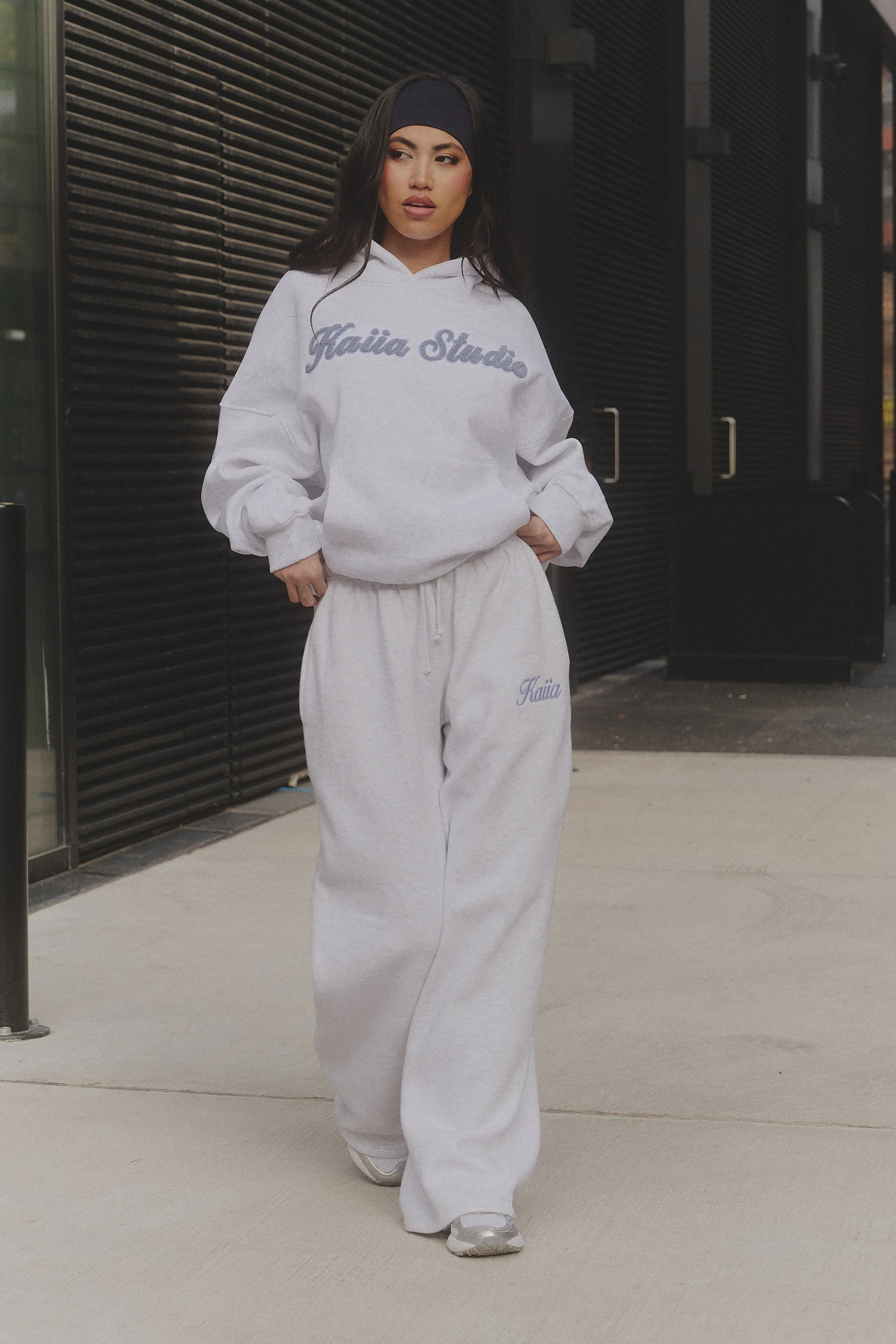 Kaiia Script Logo Wide Leg Joggers Light Grey Marl & Vintage Blue - Image 5