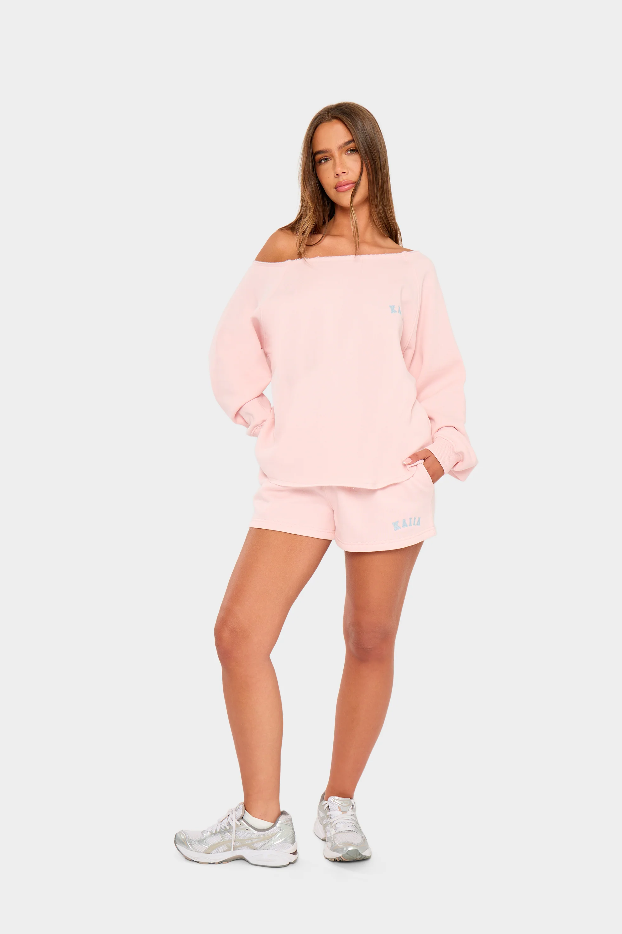 Kaiia Slogan Off the Shoulder Sweatshirt Baby Pink - Image 6