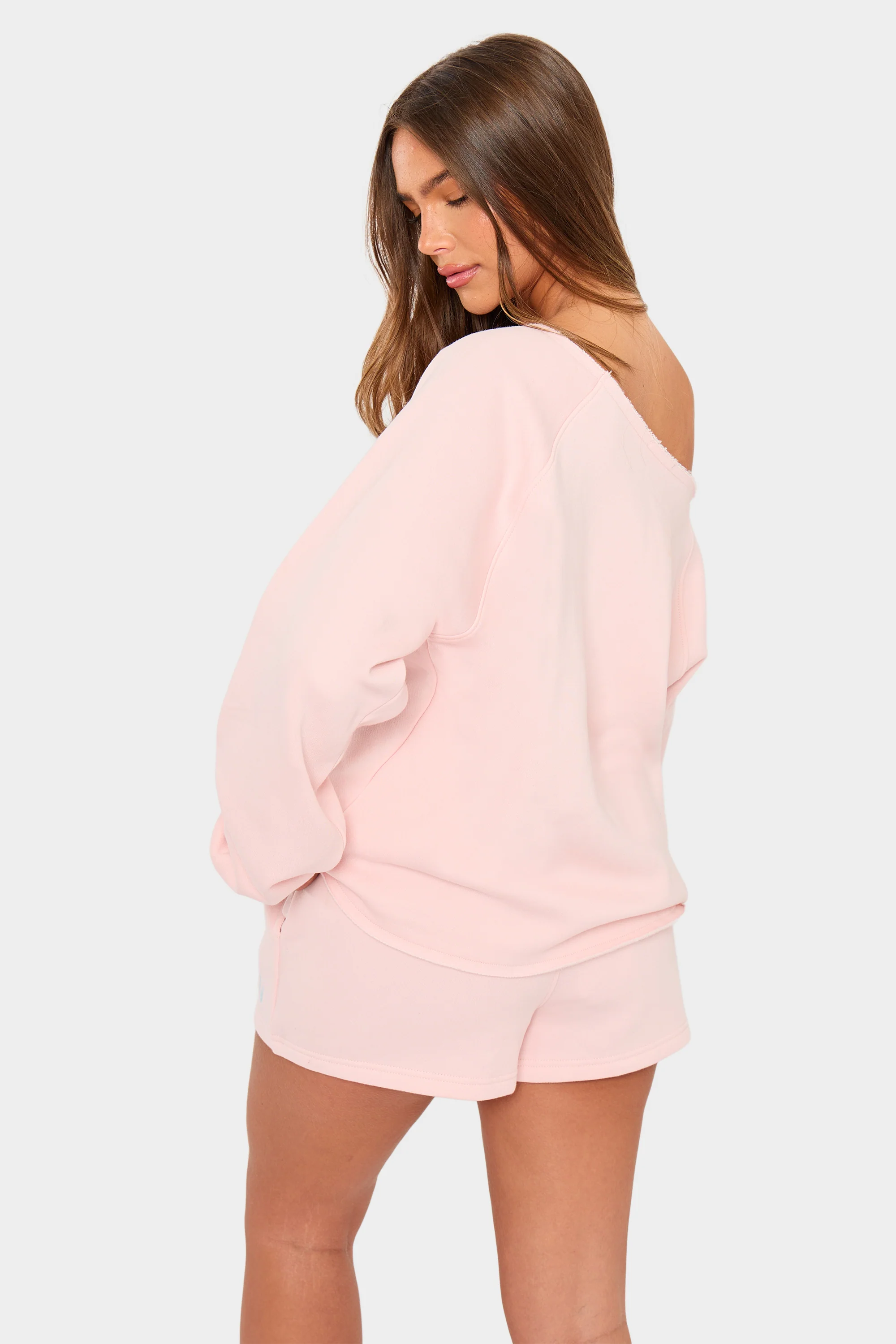 Kaiia Slogan Off the Shoulder Sweatshirt Baby Pink - Image 7