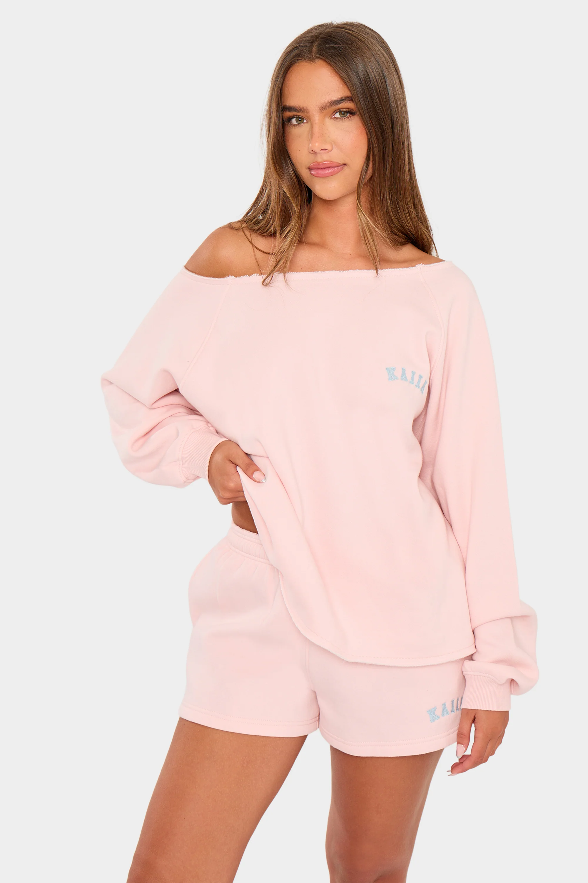 Kaiia Slogan Off the Shoulder Sweatshirt Baby Pink - Image 8