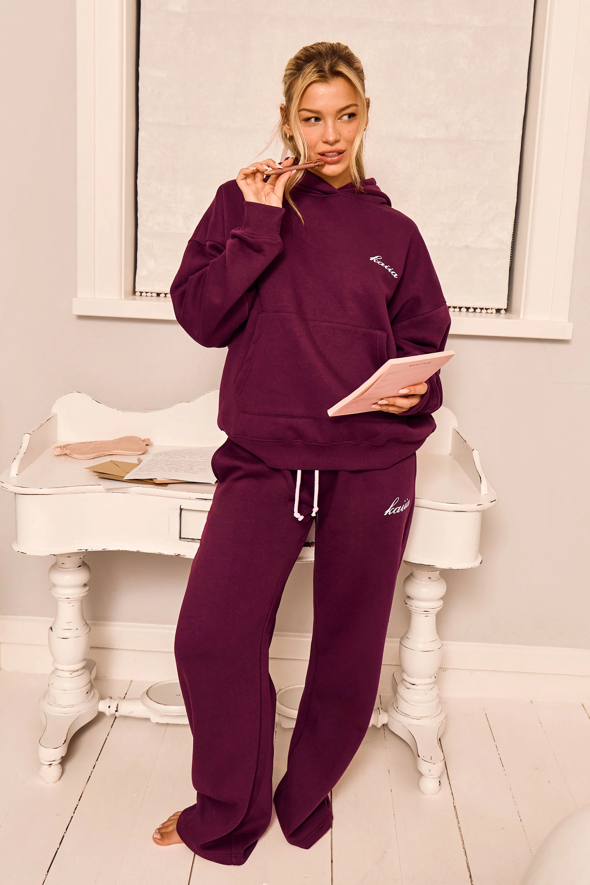 Kaiia Script Ribbed Waistband Wide Leg Joggers Deep Burgundy