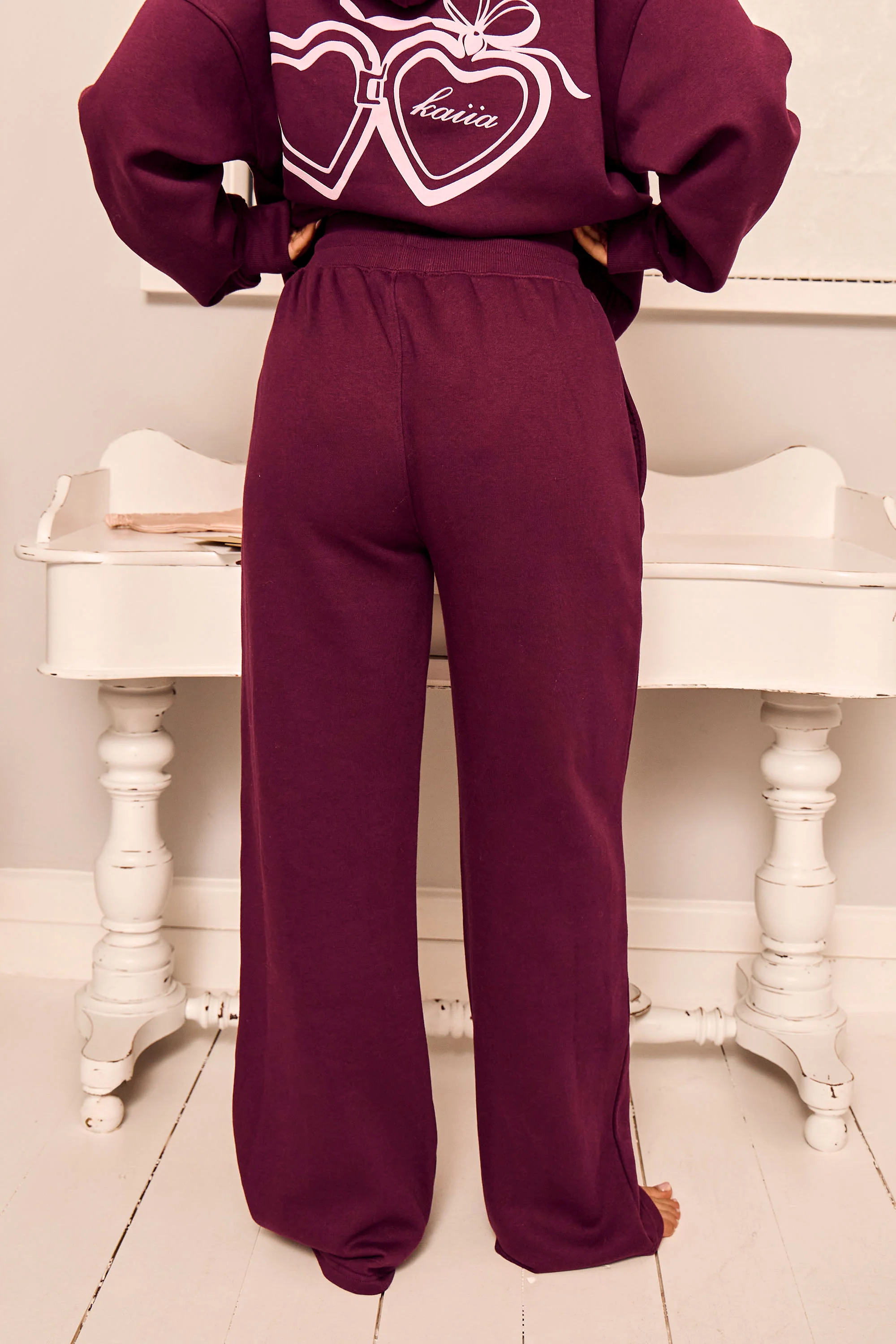 Kaiia Script Ribbed Waistband Wide Leg Joggers Deep Burgundy - Image 4